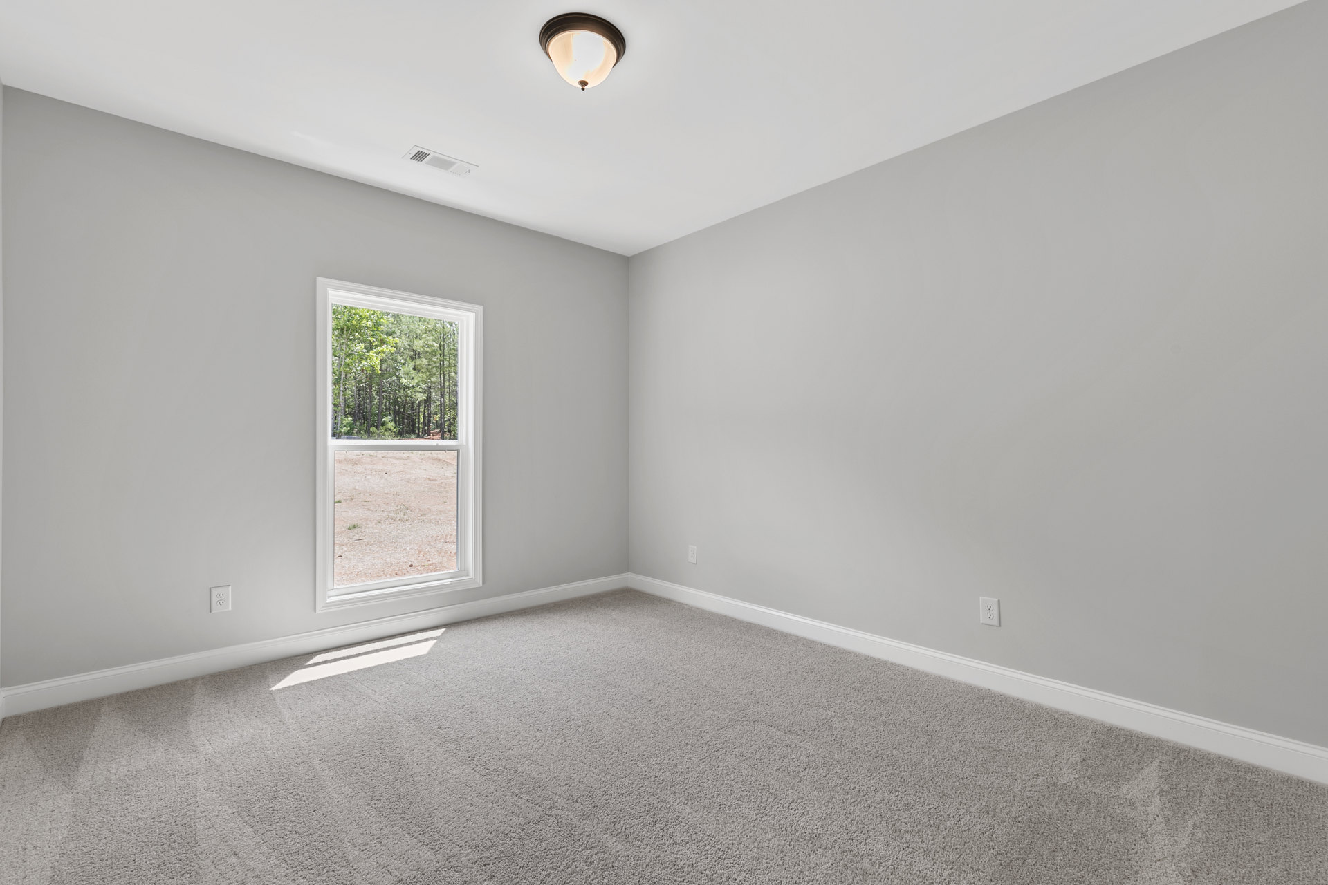 Bedroom with beige carpet, white walls, large window framed in white, view of green trees and forest outside, ceiling light fixture visible