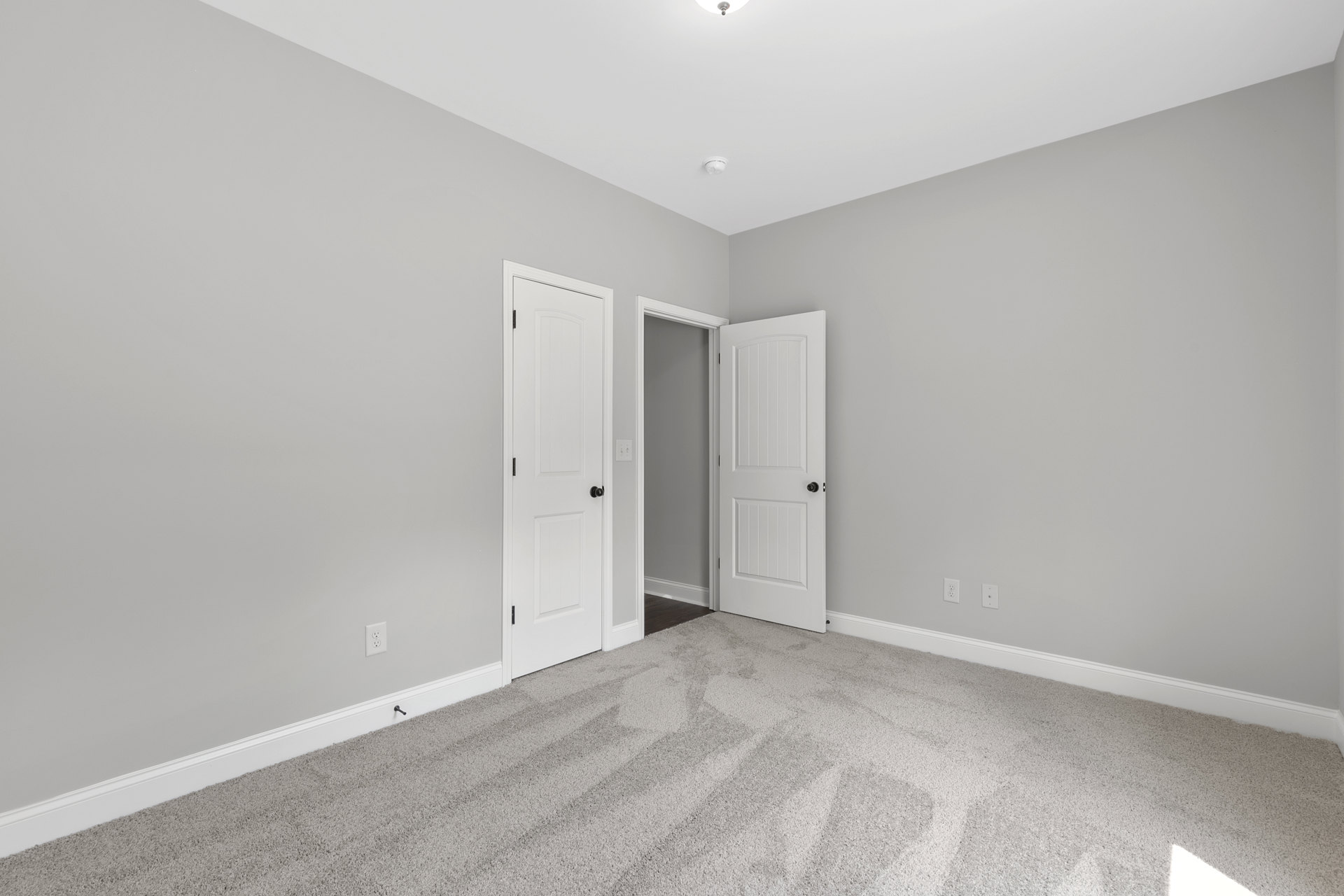 Carpeted room with two white doors featuring black knobs, gray walls, white door frames, and white ceiling.