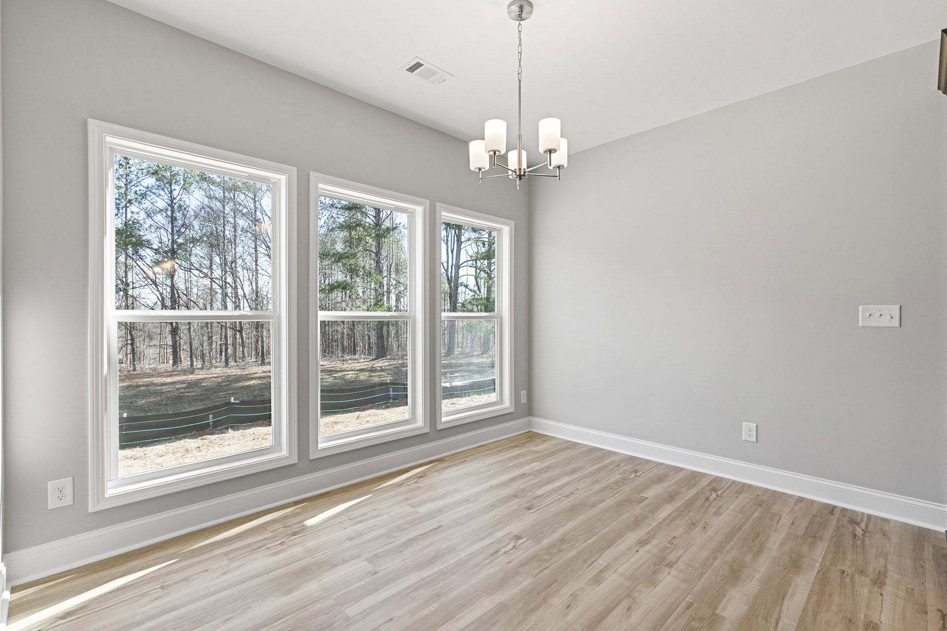 Spacious room with wood flooring, multiple tall windows framed by white molding, chandelier hanging from ceiling, trees visible through windows