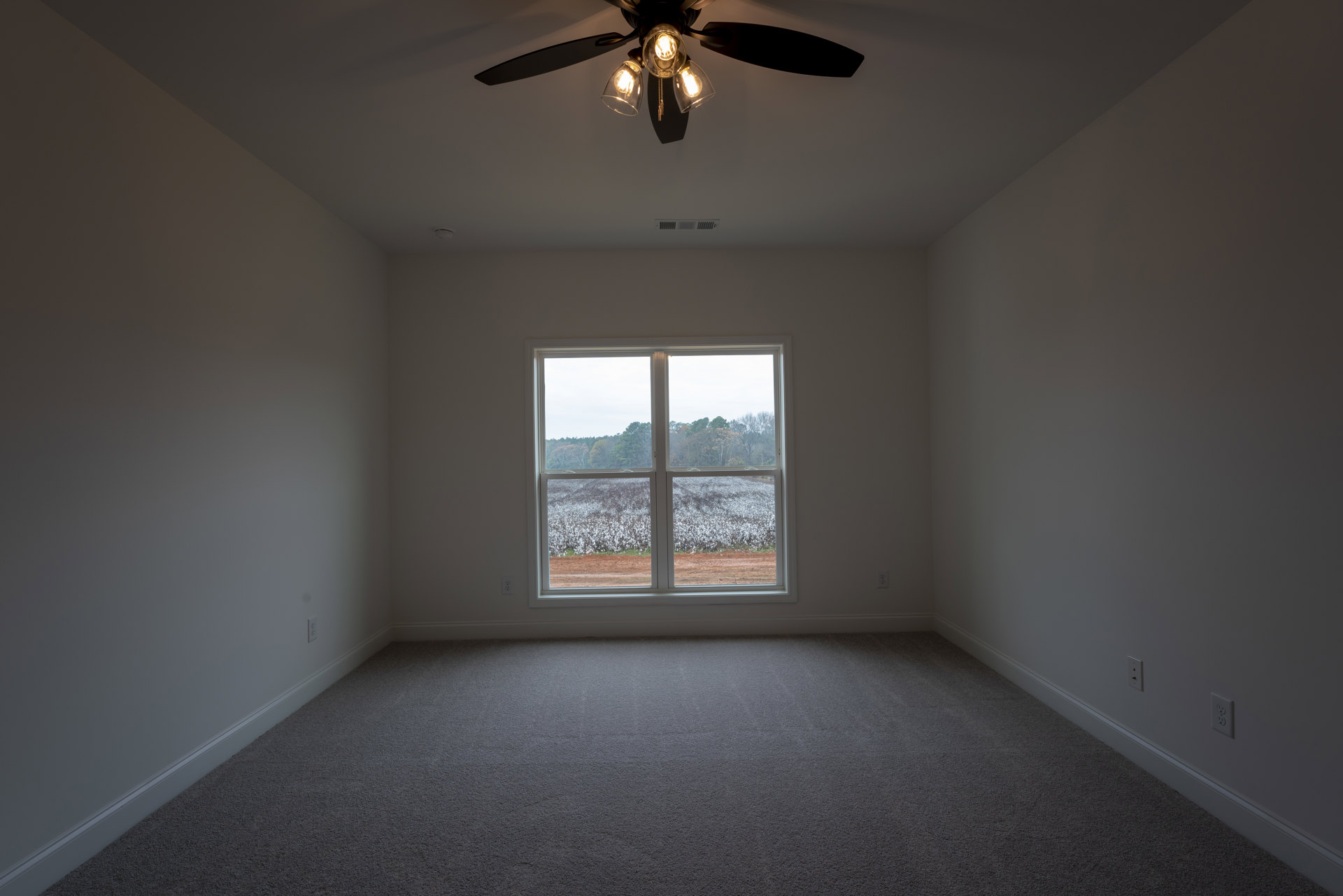 Bedroom with grey carpet flooring, white walls, large window overlooking cotton field, and ceiling fan with light fixture.