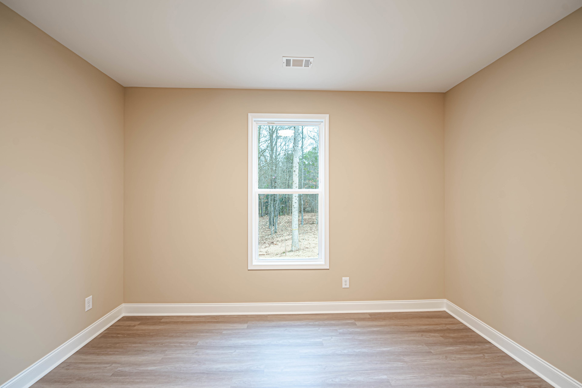 Sunlit room featuring wide window with forest view, pale hardwood flooring, white baseboards, and smooth plaster walls.