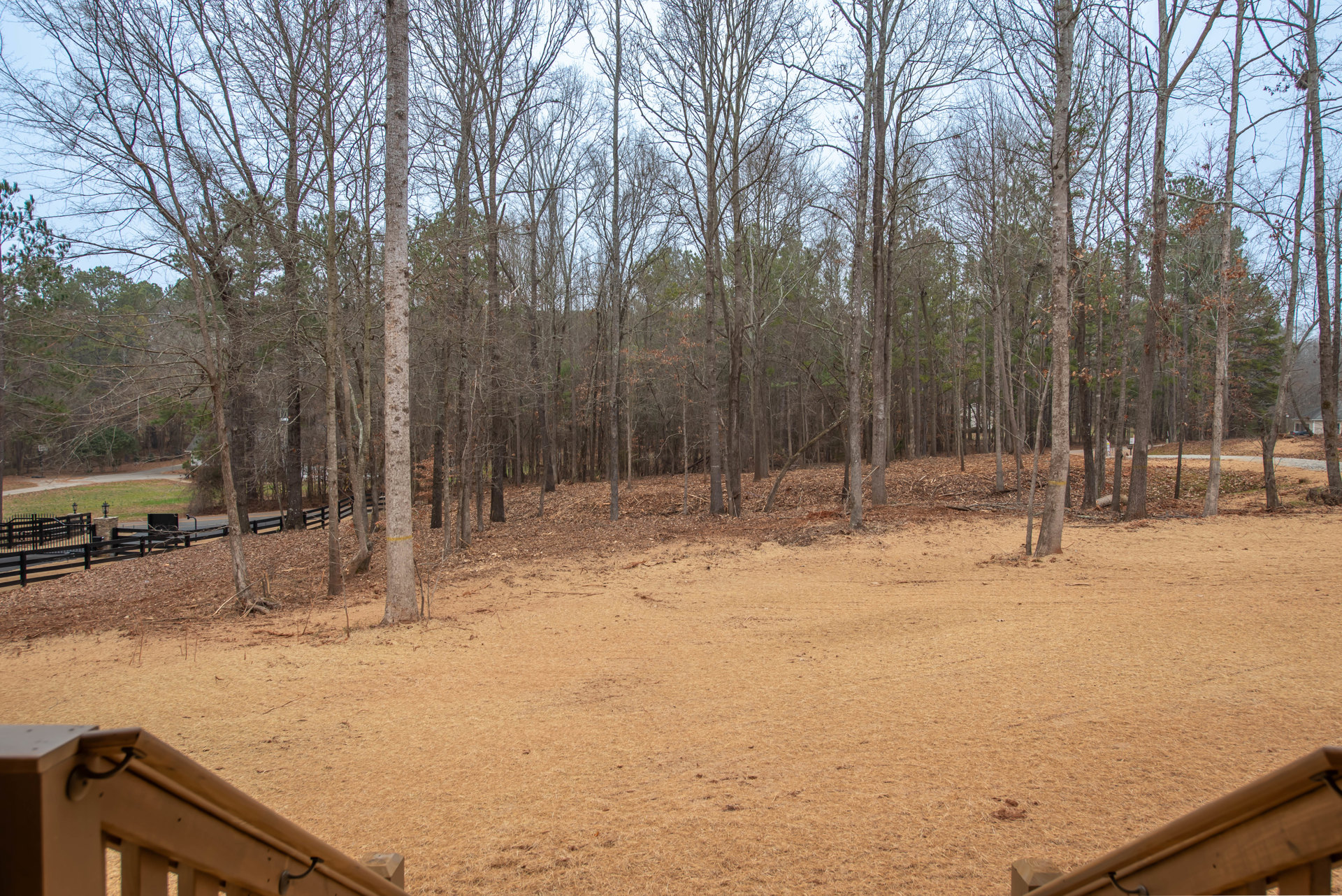 Wood deck with horizontal railing overlooking dry grass field, wooden fence with gate, and dense forest of tall trees in the background.