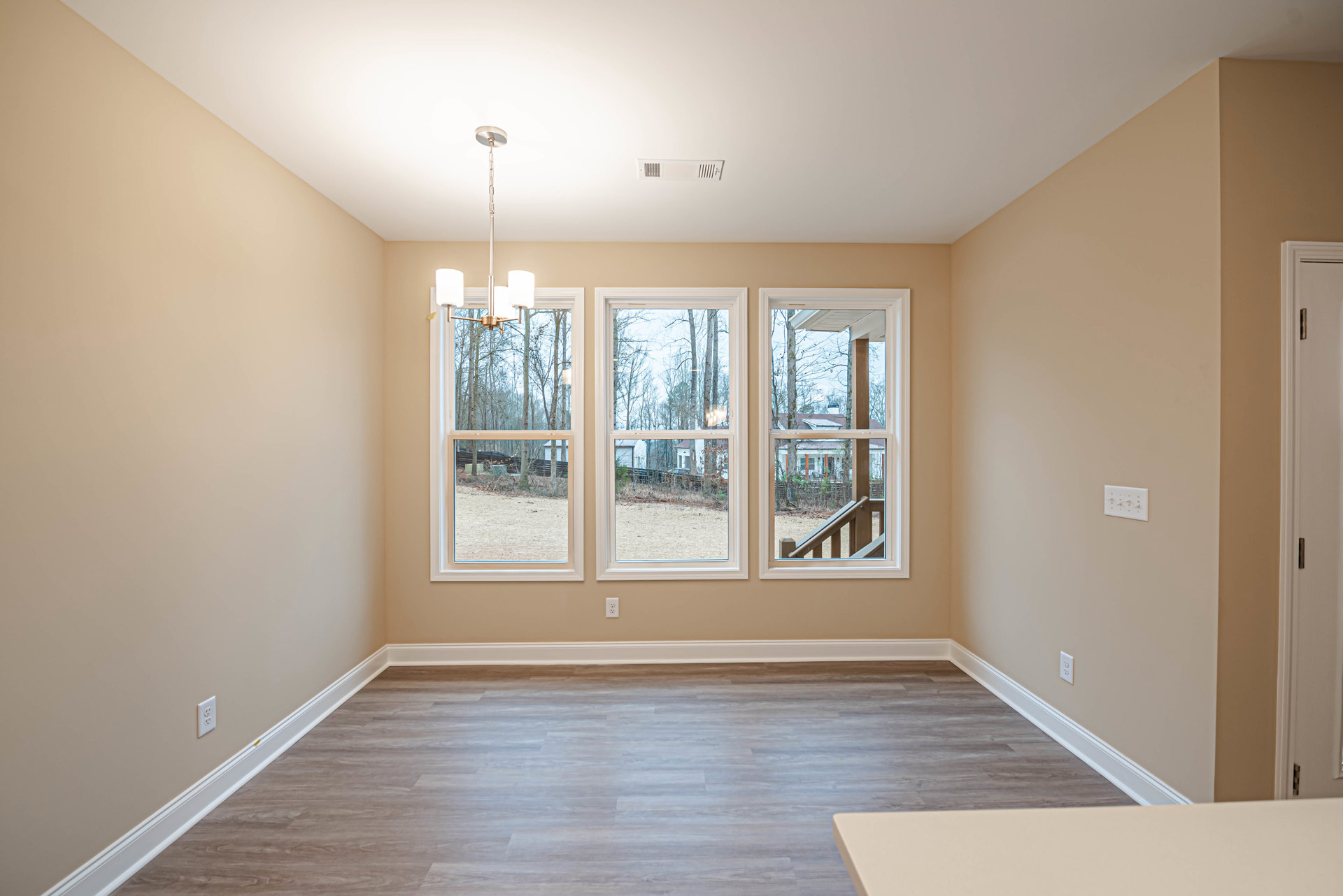 Bright room with large windows, white plaster walls, four-switch light panel, and wood laminate flooring; outside view includes trees and neighboring house.