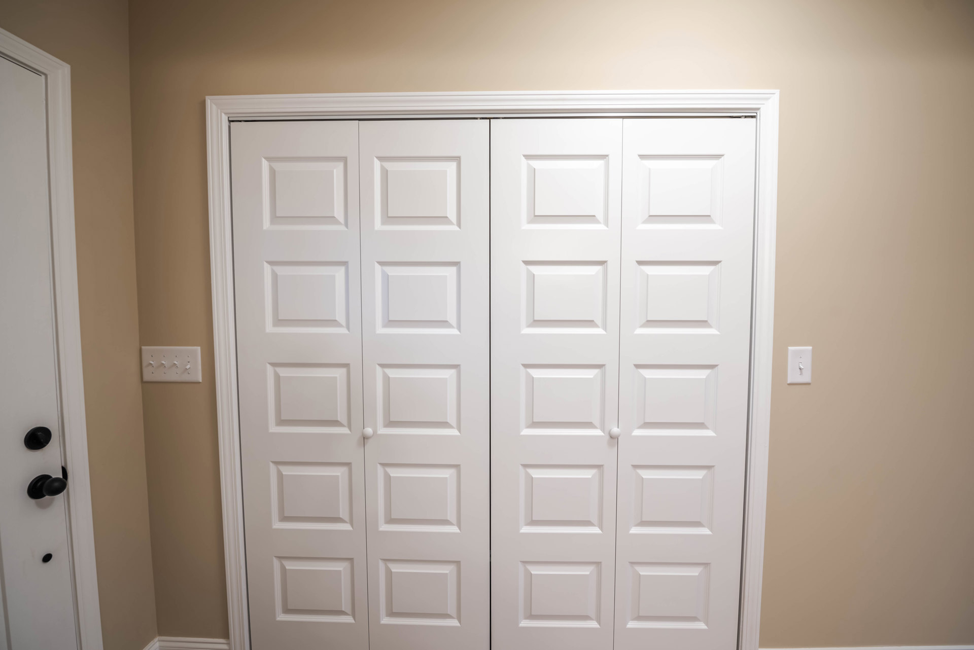 White paneled double doors with chrome handles set in a light-colored wall, adjacent to a row of white light switches in a residential room.