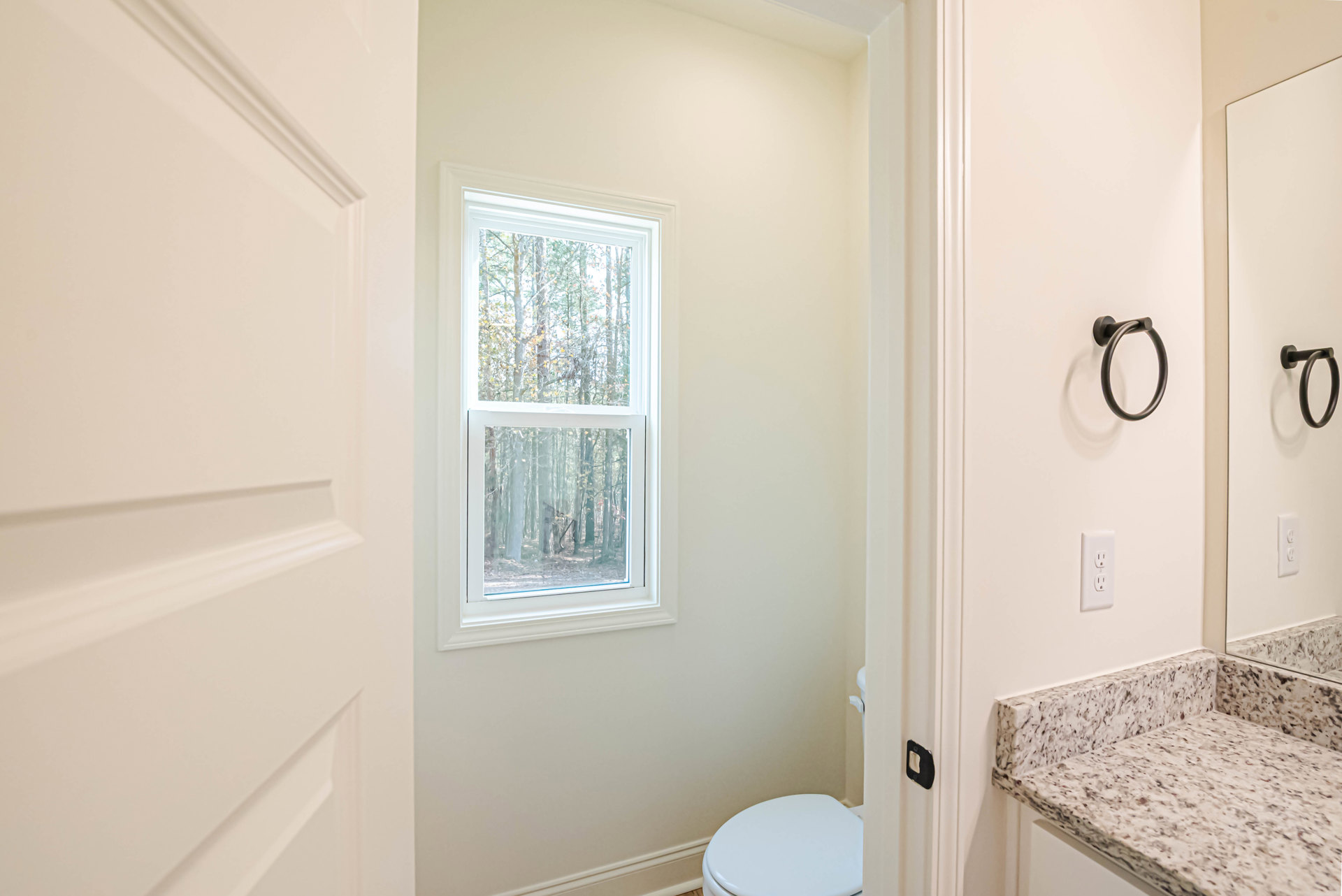Bathroom with white toilet, stone countertop, rectangular mirror, wall-mounted black towel ring, and window overlooking leafy trees.