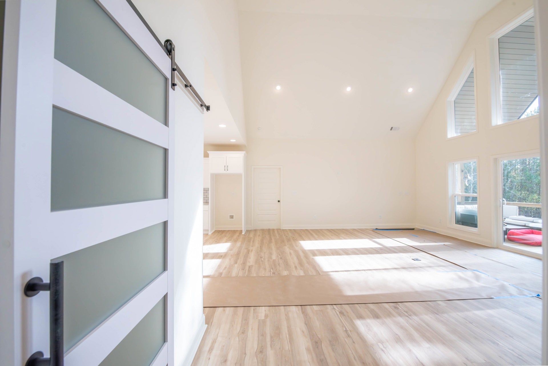 White sliding barn door with matte black handle, hardwood flooring, white plaster walls, and wood trim accents