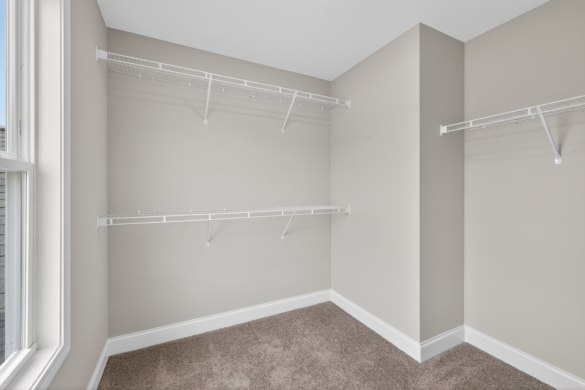 White built-in shelves along a white wall, beige carpet flooring, window with white trim, and hooks mounted below shelving in a corner room.