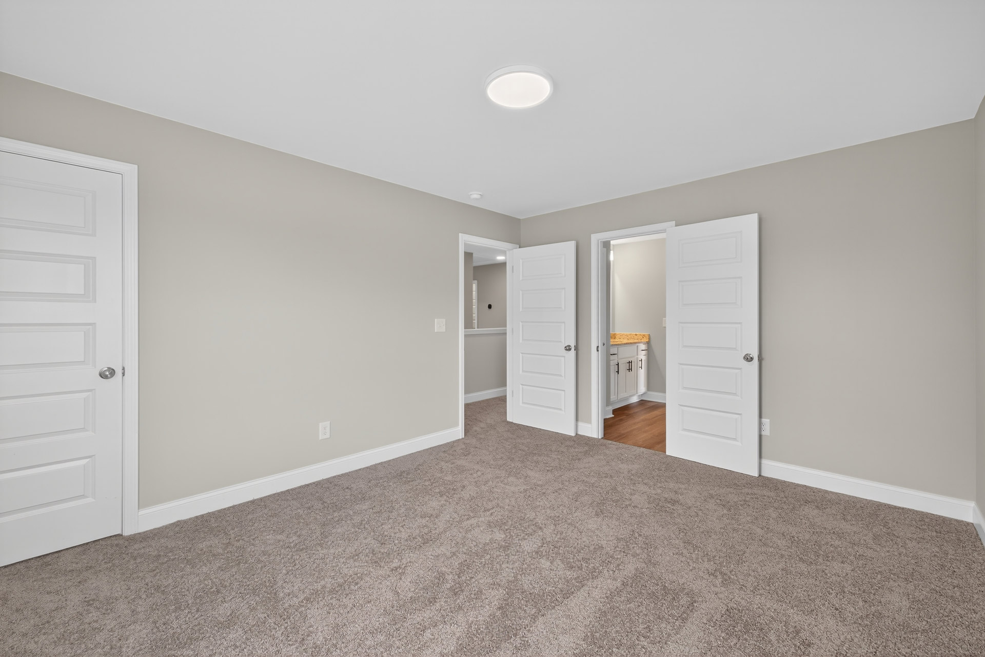 Carpeted room with two white doors, silver door knobs, white walls, and ceiling light fixture