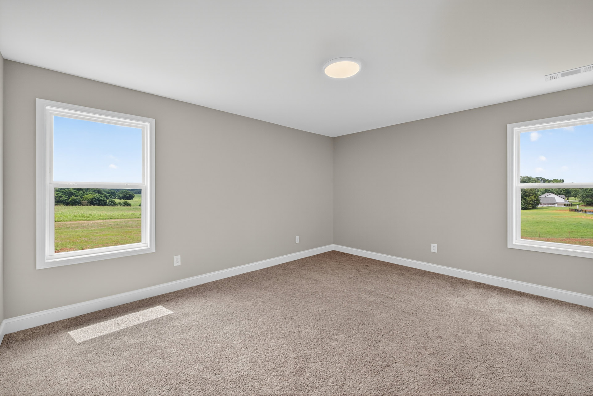 Sunlit room with white plaster walls, large window overlooking grassy field and trees, beige carpet flooring, and decorative molding.