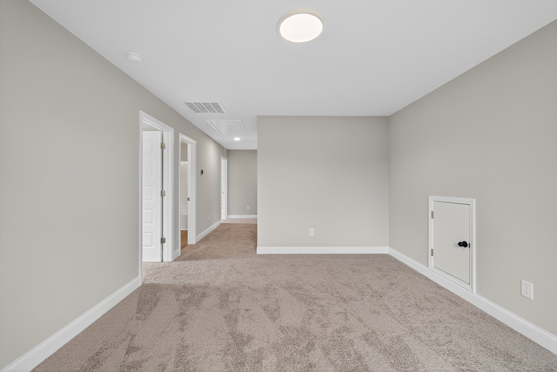 Beige carpeted room with white walls, white ceiling, white door featuring black knob and visible hinge, and a white ceiling light fixture