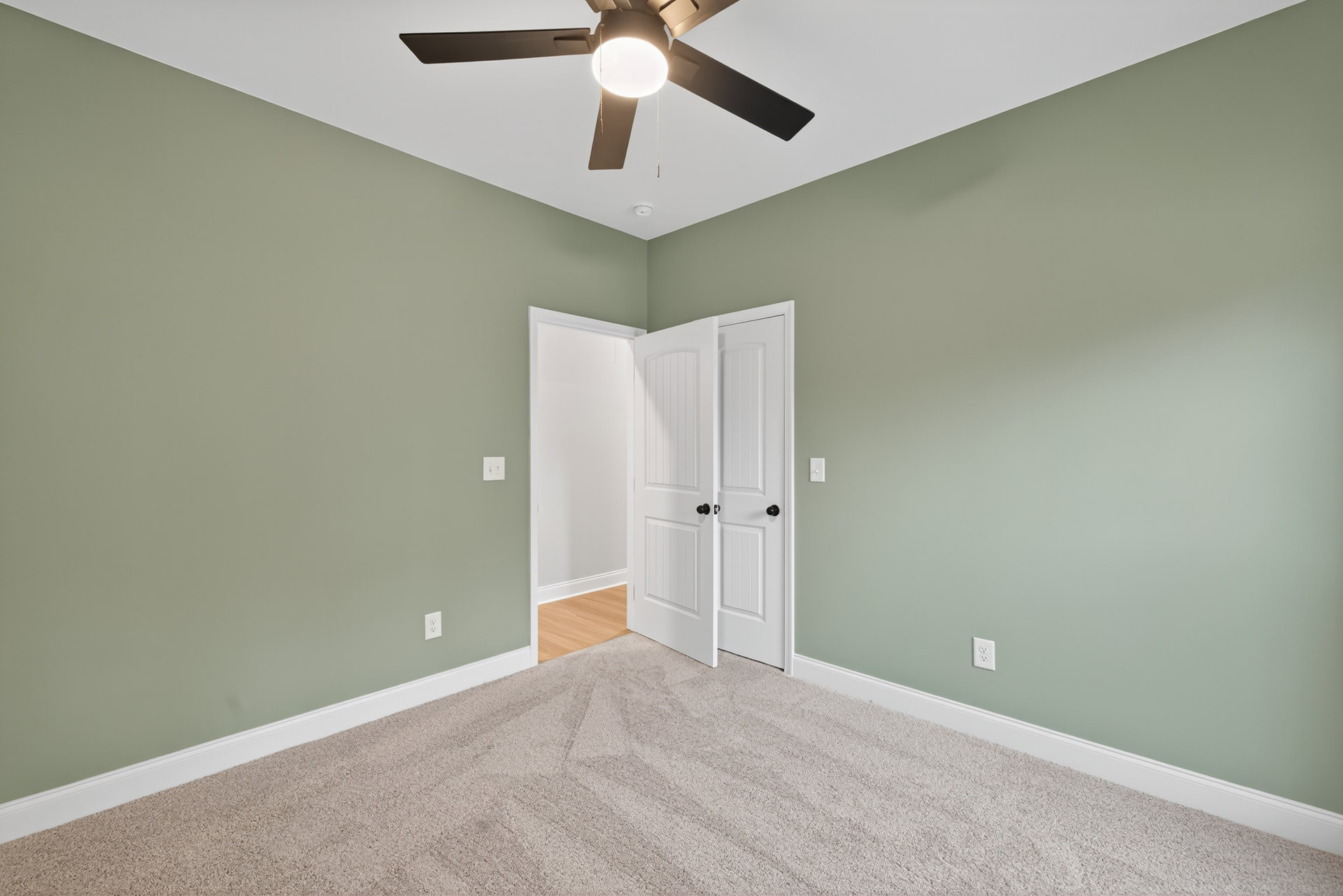 Ceiling fan with light fixture mounted on white ceiling, white paneled door with black knobs, beige carpet adjacent to wood floor, white baseboard molding along wall