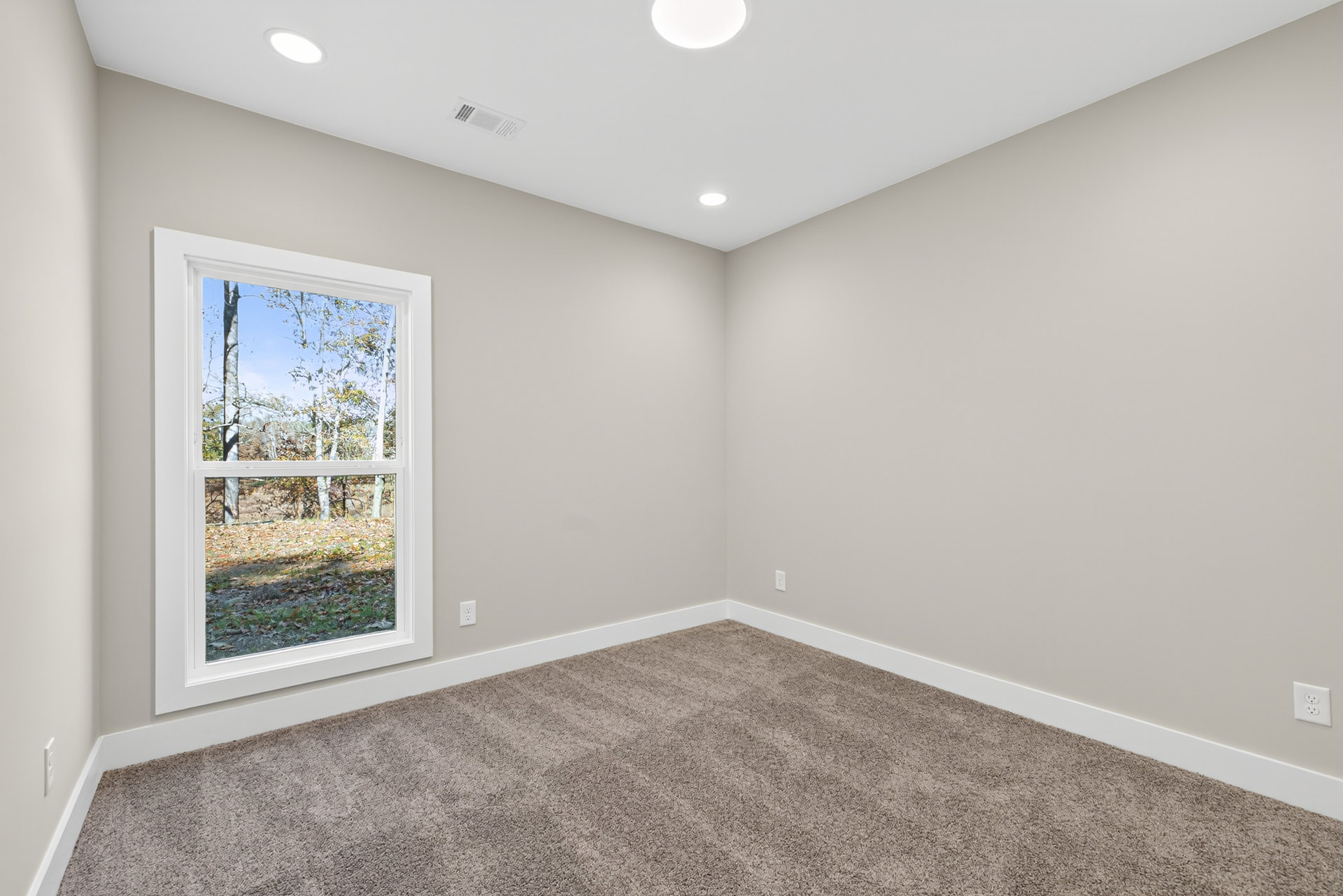Neutral-toned carpeted room with white walls, large window overlooking trees, white electrical outlet, ceiling with recessed lighting, and baseboard molding