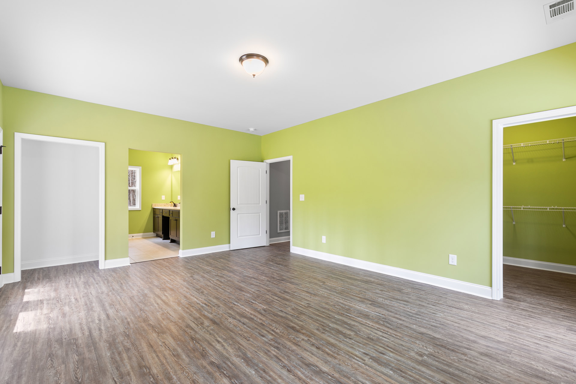 Green walls and wood flooring in a residential room, white door with black knob, close-up of a modern light fixture, white door frame and trim against green wall.