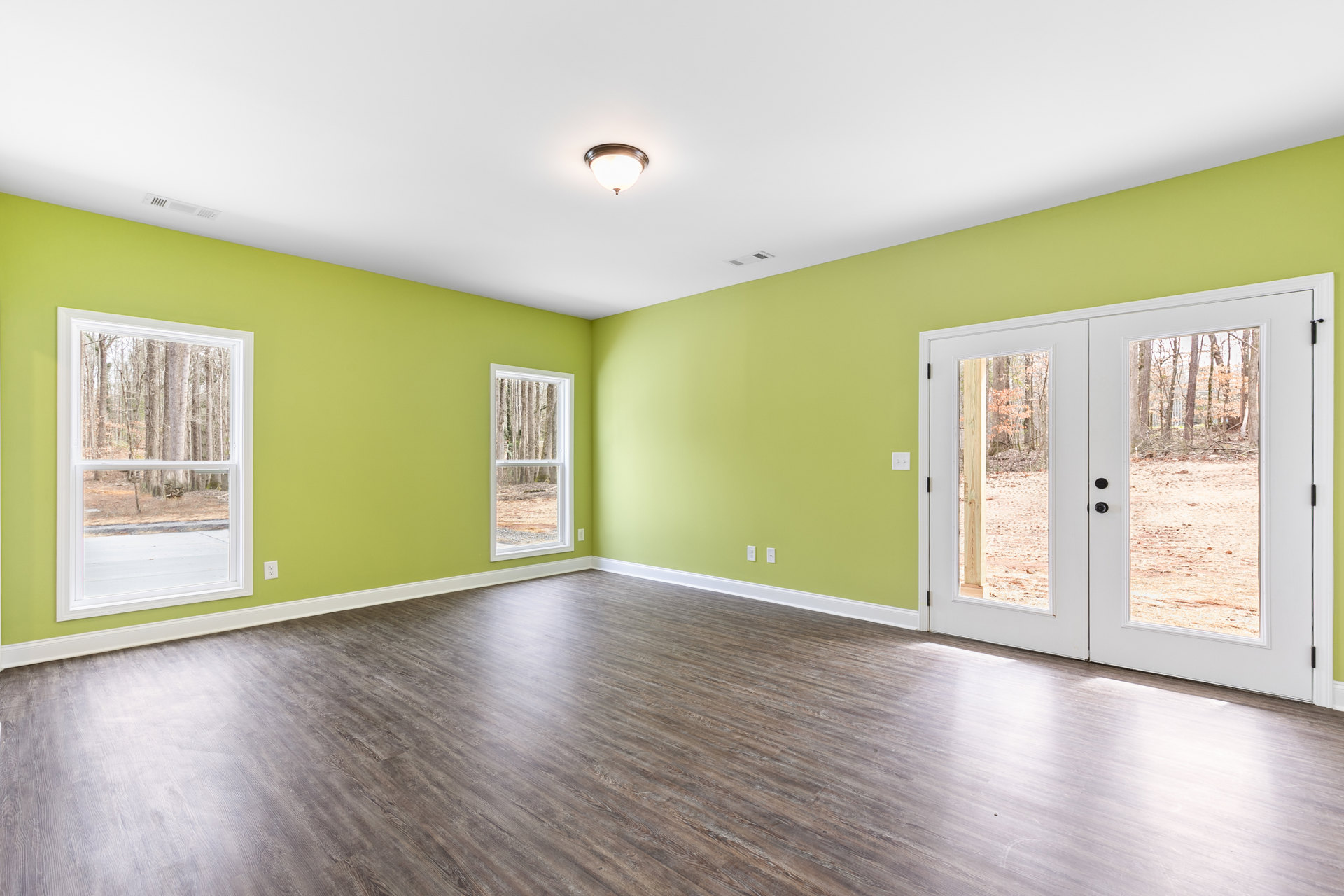 Room with green plaster walls, white double doors with glass panes, wood laminate flooring, ceiling light fixture, window overlooking trees and forest.