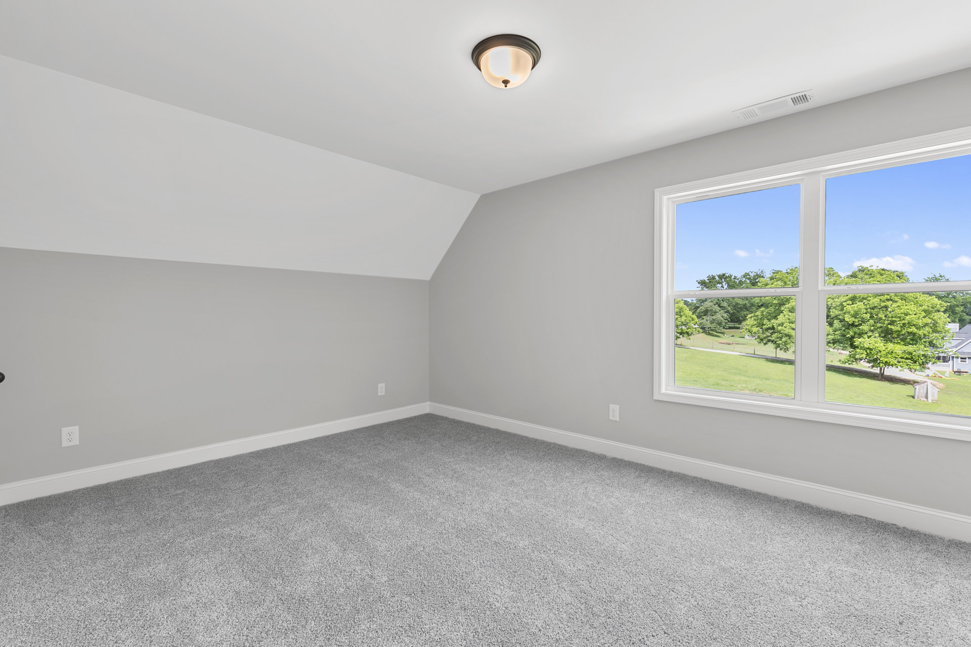 Carpeted room with white walls, ceiling light fixture, large window overlooking green trees and grass