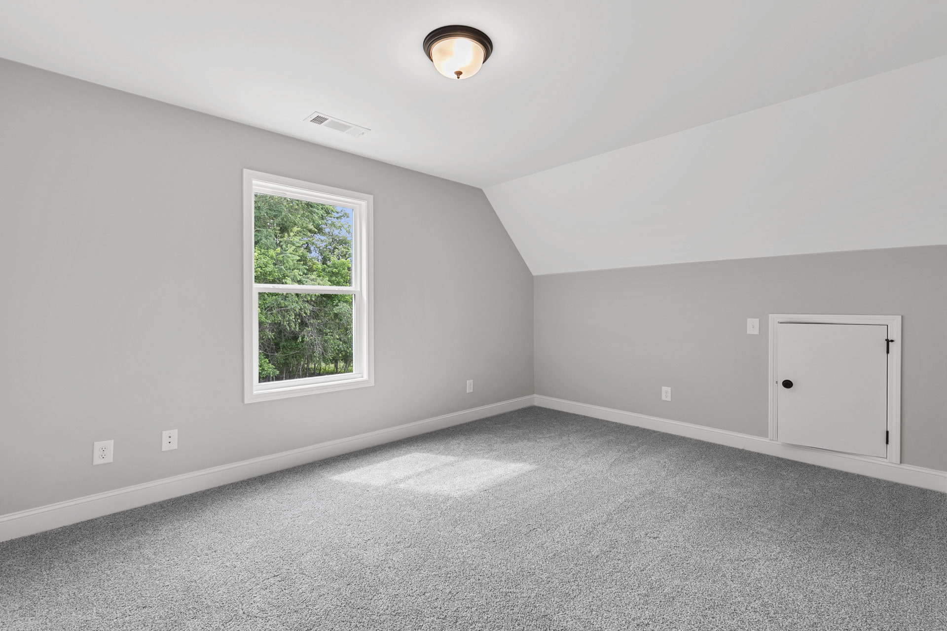 Carpeted room with white walls, large window showing trees outside, ceiling vent, close-up of modern light fixture, and white door with black handle