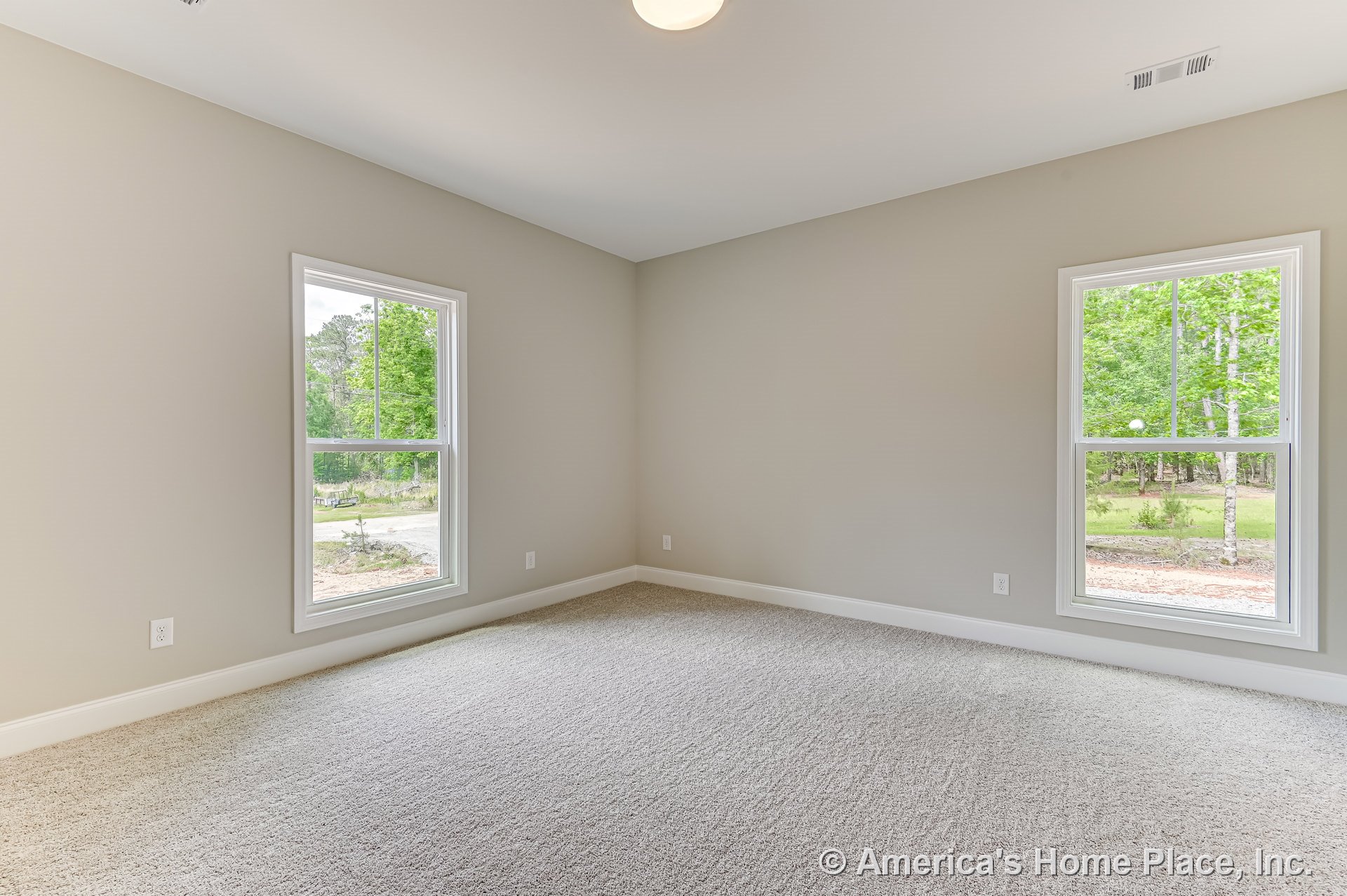 Spacious bedroom with two large double-hung windows, beige carpet flooring, light gray walls, white baseboard trim, flush ceiling light fixture, and a rectangular layout.