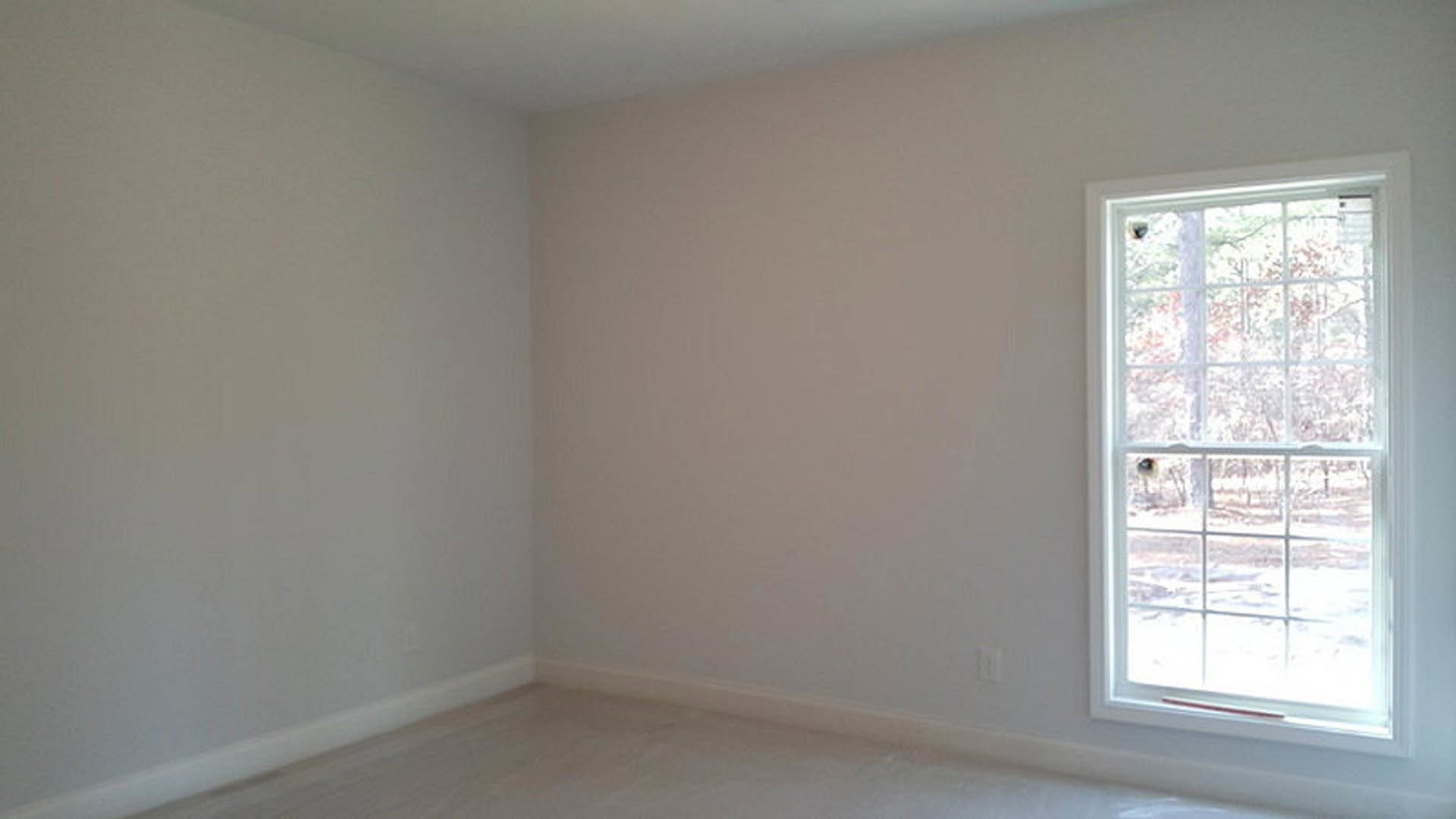 Bright room with large window overlooking trees, white plaster walls, white floor, and window blinds