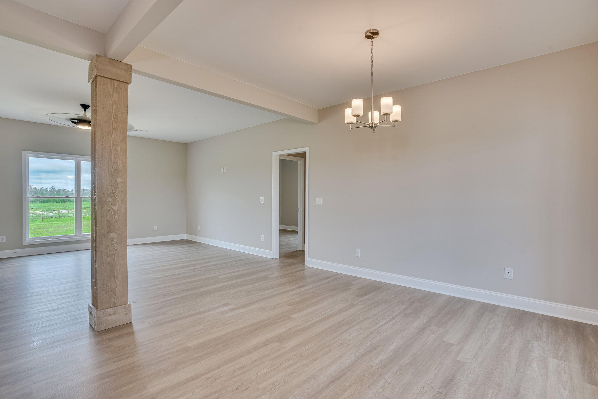 Chandelier hanging from white ceiling above wood flooring, large window with tree view, white door frame and brown door, plaster walls