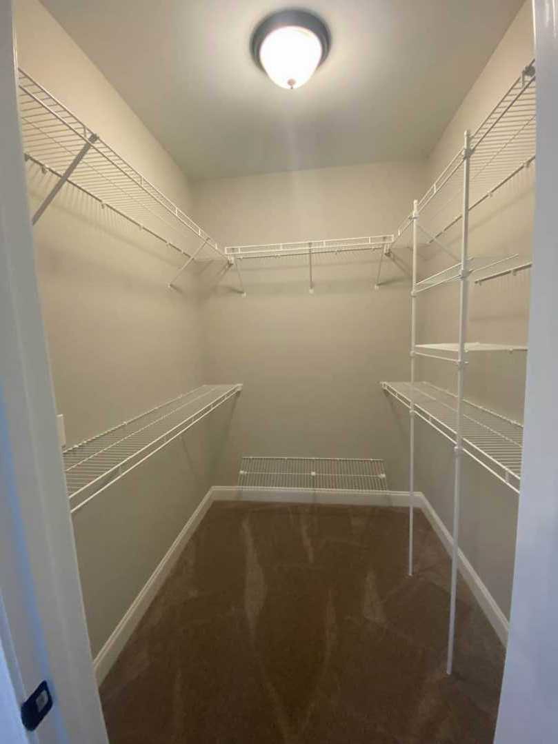 Empty walk-in closet with brown wood floor, white walls, ceiling light fixture, and white metal shelving along one wall