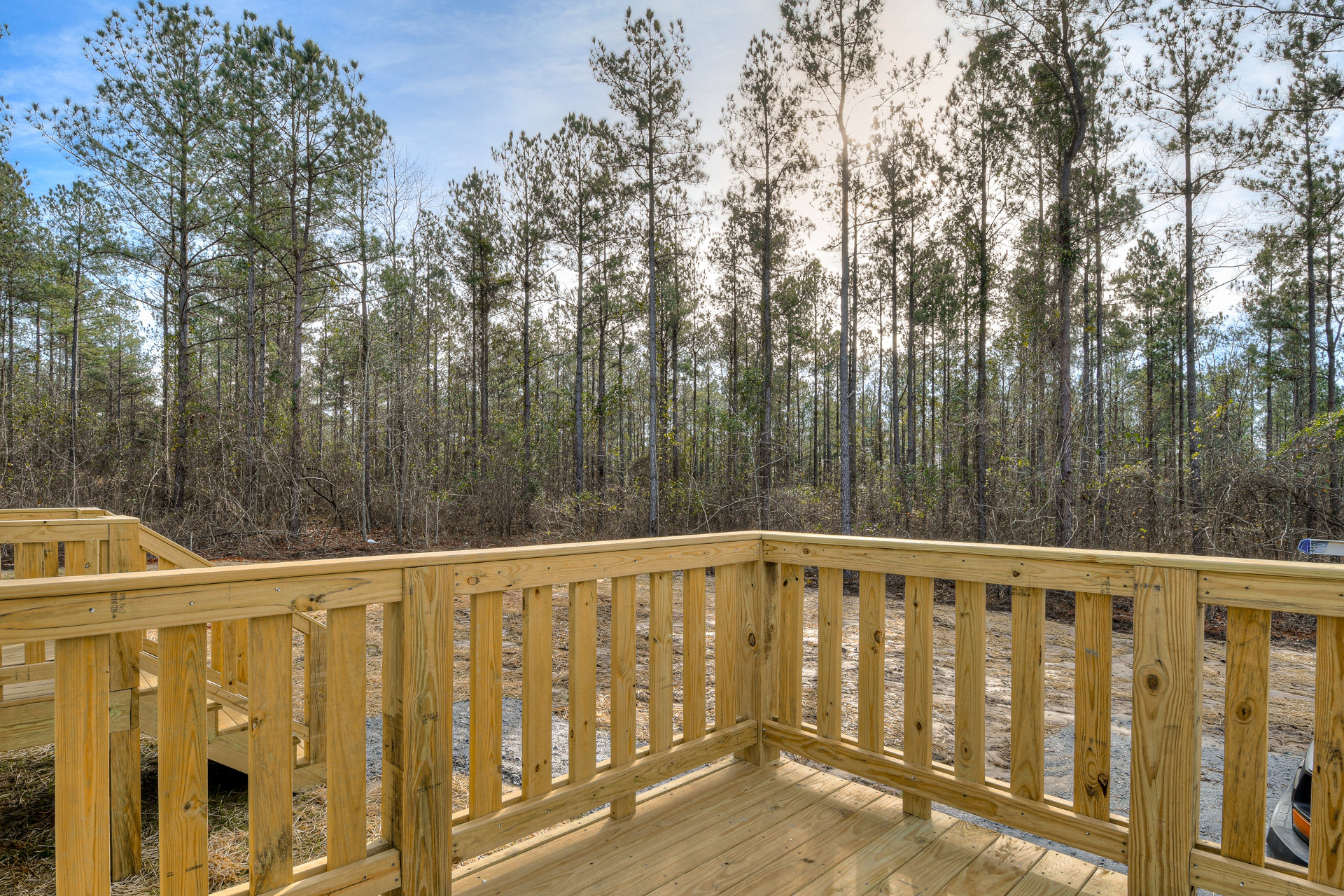 Wooden deck with wood railing overlooking tall trees and blue sky in the background
