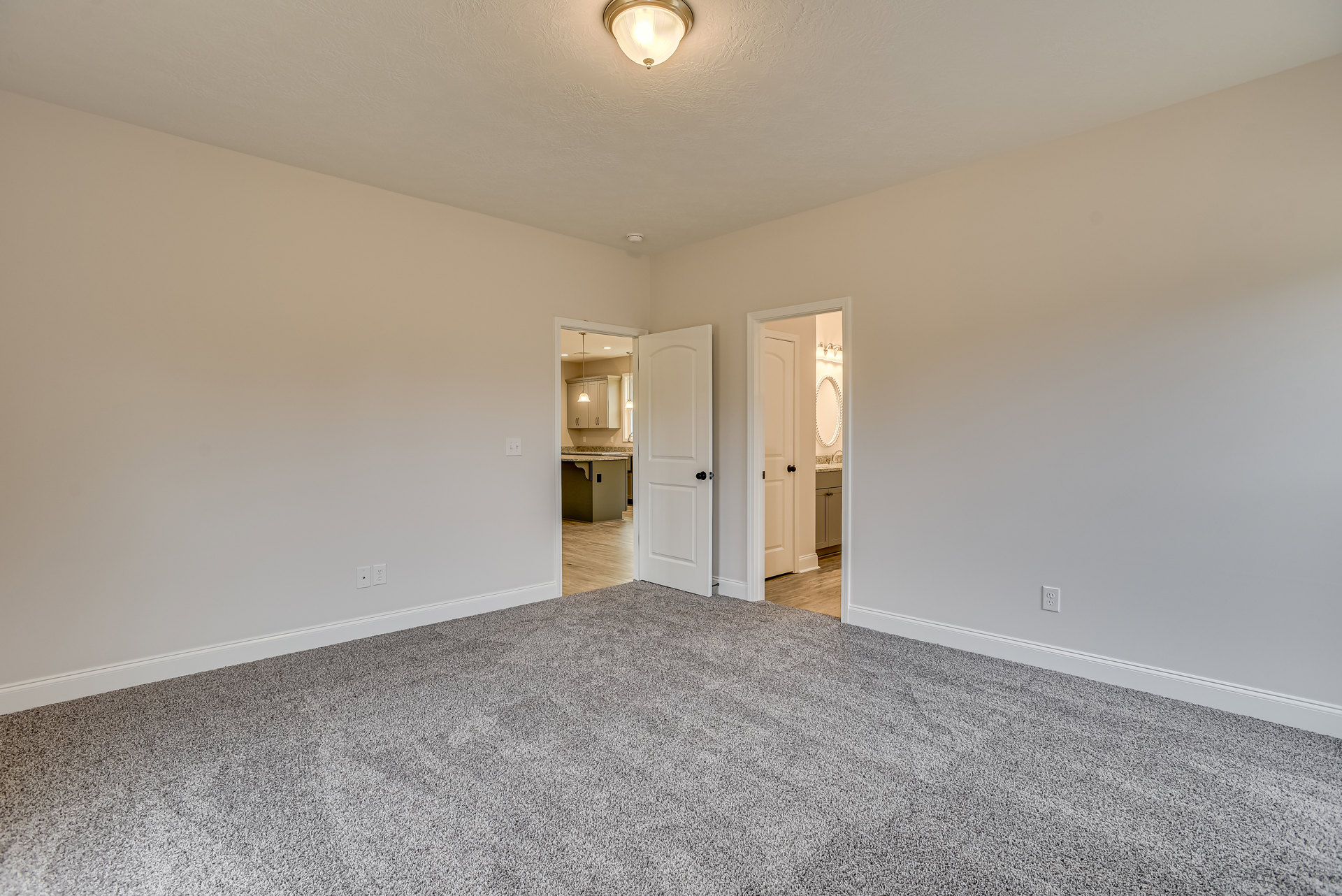 White paneled door with black knob opens onto carpeted floor; modern ceiling light fixture and wall mirror above door; neutral plaster walls and tile flooring visible.