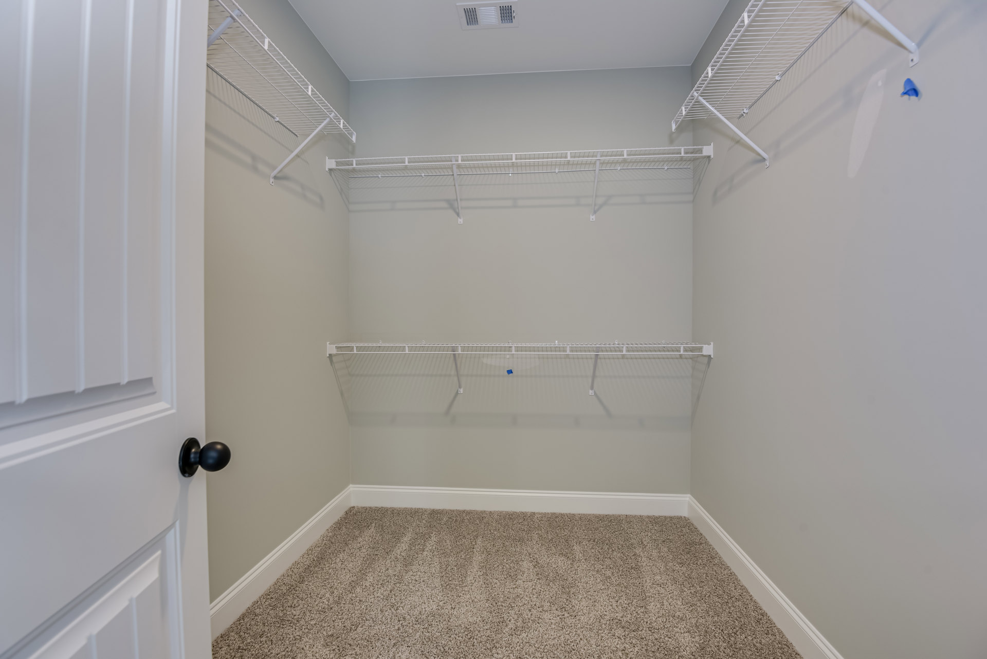 Empty closet with white wire shelving, beige carpet flooring, white baseboards, white walls, and a black door knob