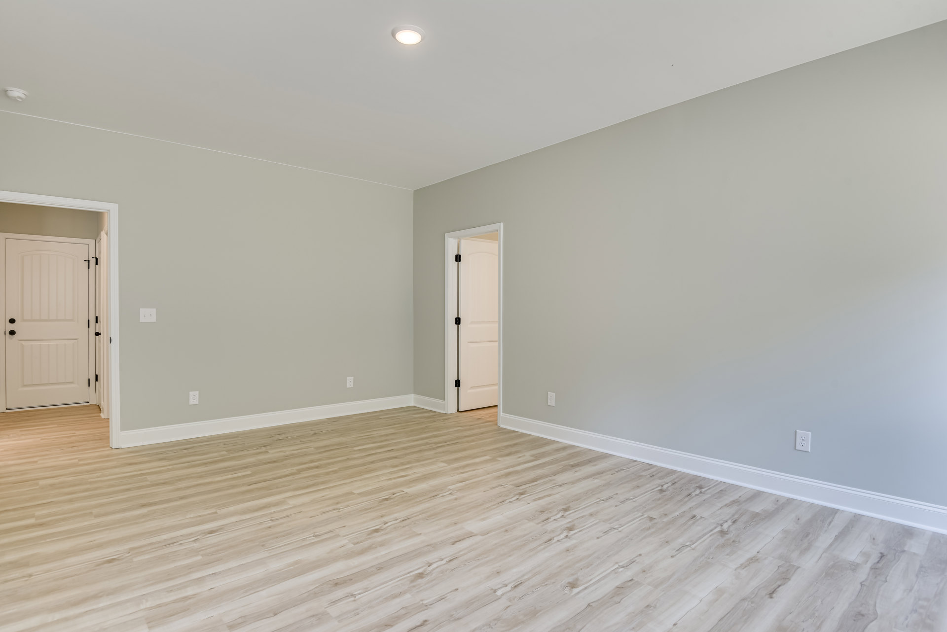 White paneled door with black handles and hinges open onto a room with light wood flooring, white plaster walls, and a ceiling light fixture
