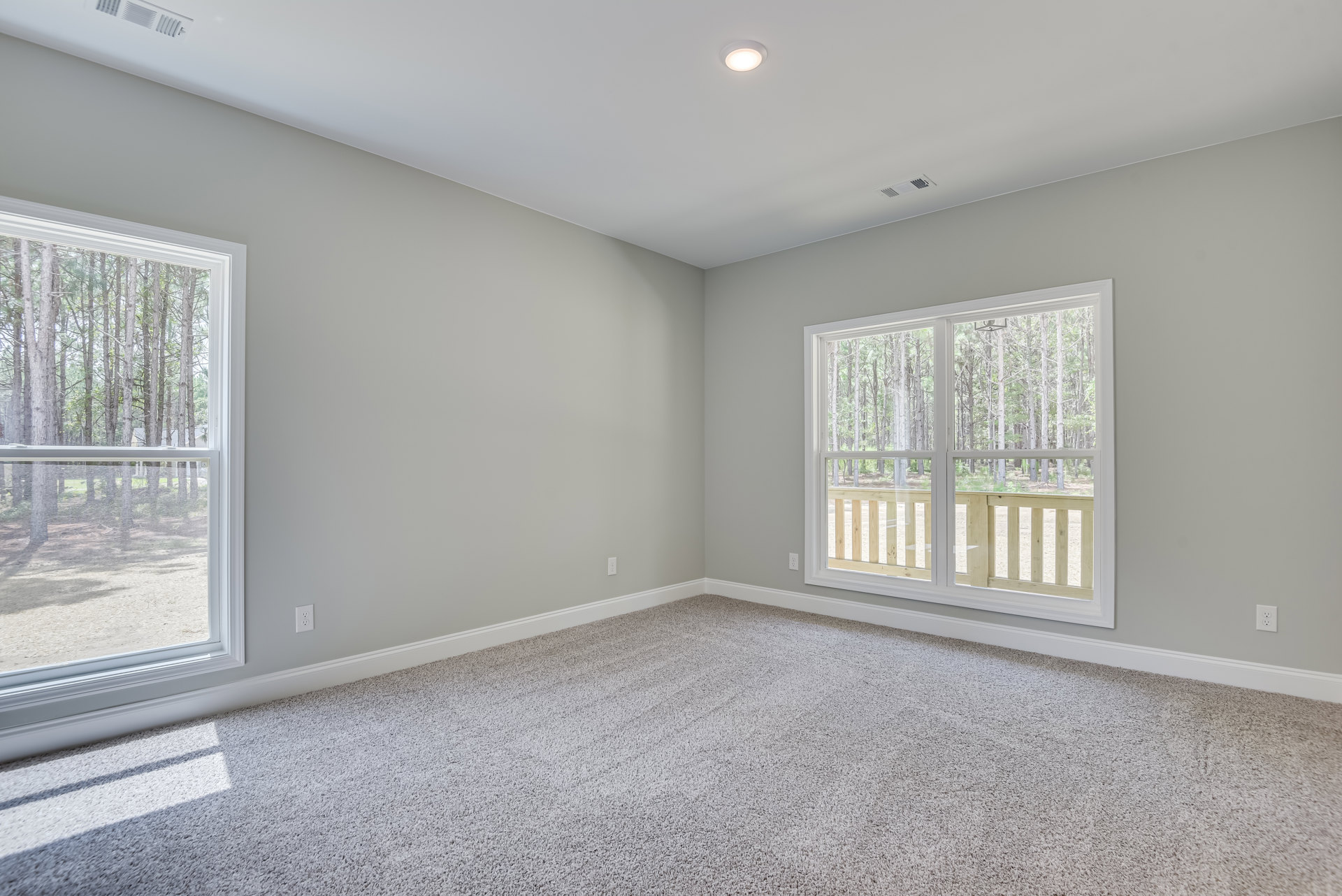 Carpeted room with large window overlooking trees, white walls, ceiling light fixture, and wooden railing leading to outdoor deck