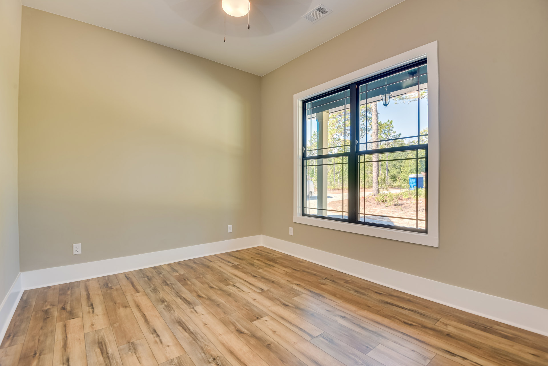 Sunlit room featuring a large window overlooking trees and a blue bin, hardwood flooring with white baseboard trim, smooth plaster walls