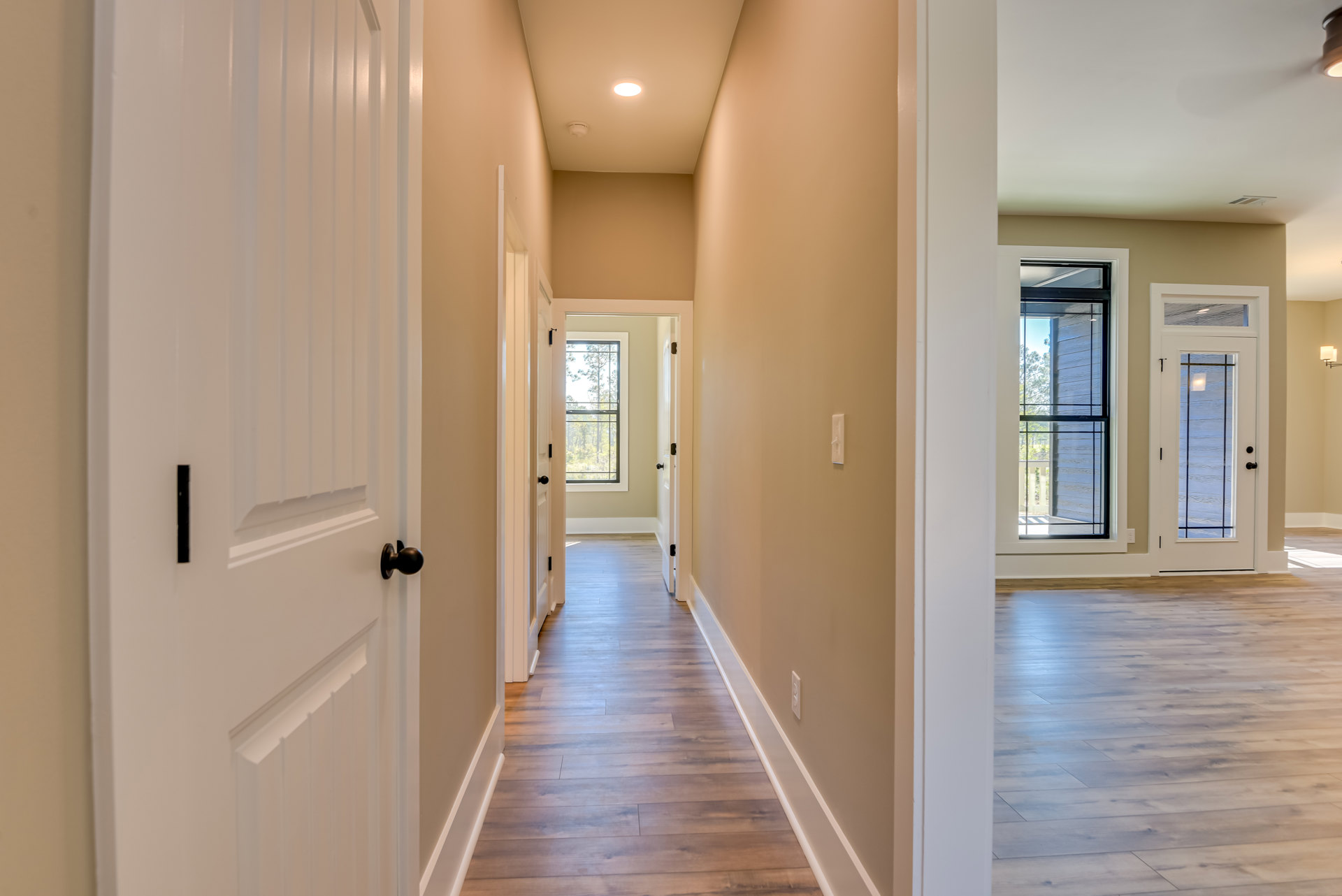 Hallway with white paneled doors, wood plank flooring, window showing leafy trees, and a close-up of a silver door knob