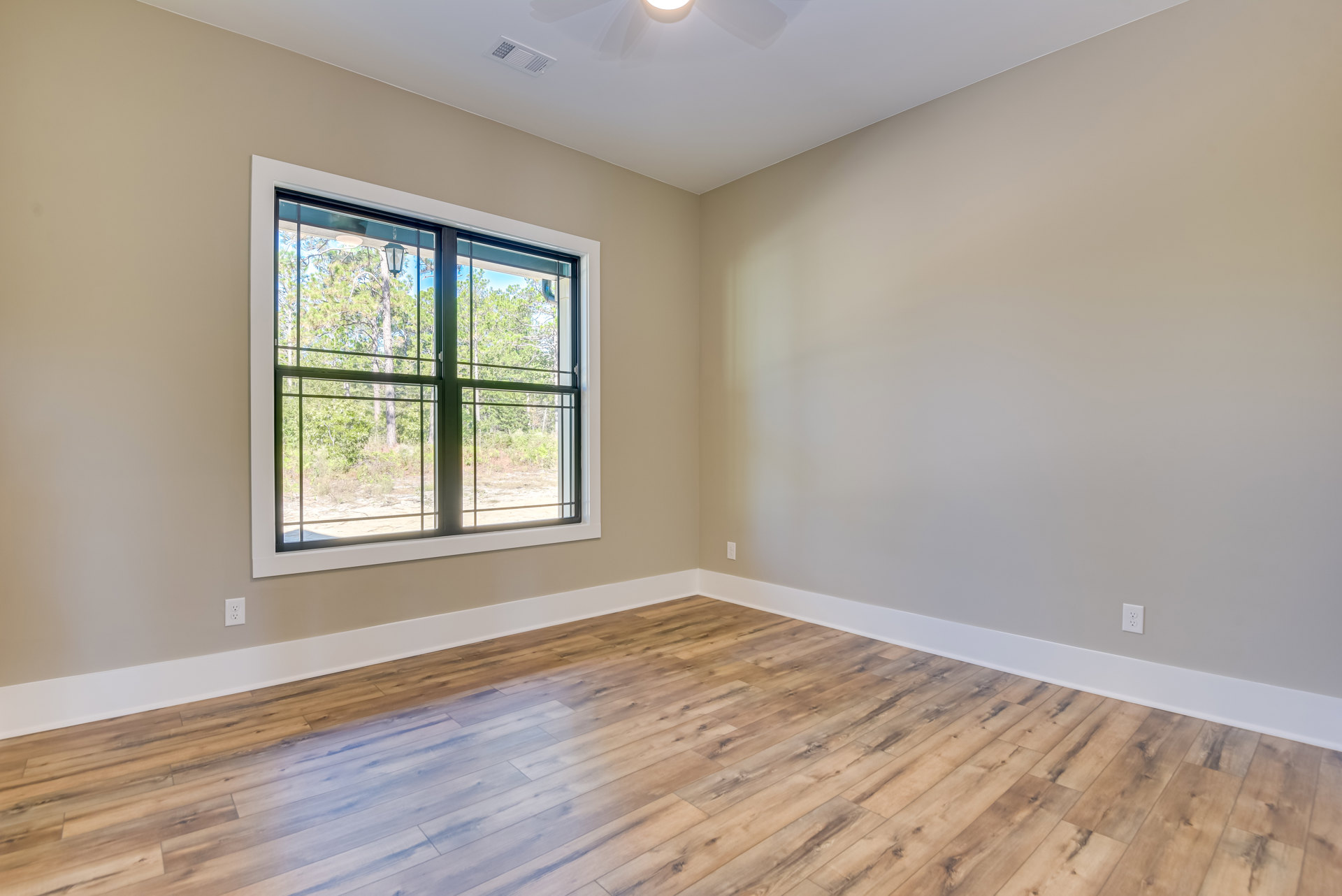 Sunlit room featuring large window with view of leafy trees, hardwood flooring, and crisp white baseboard trim
