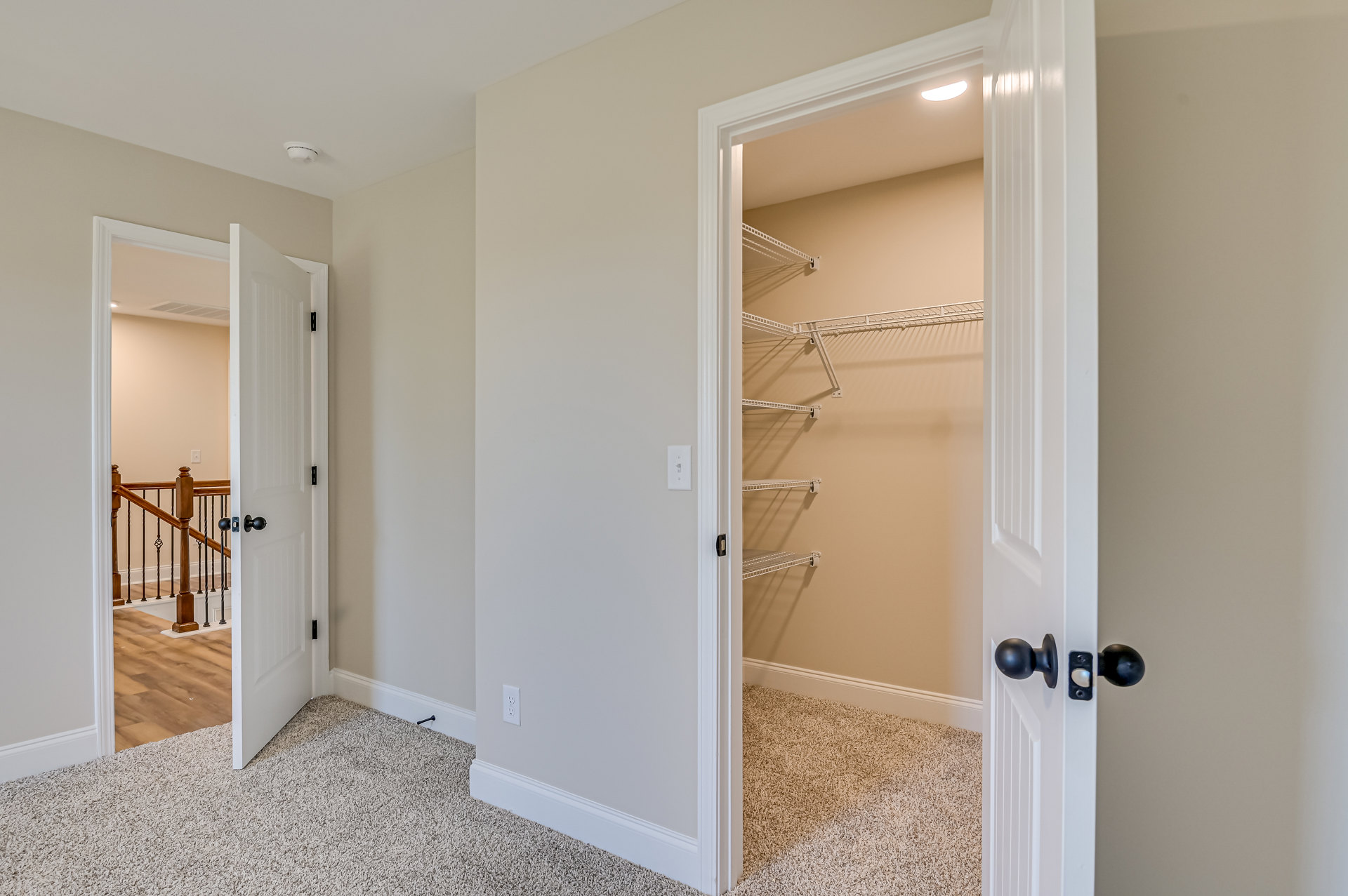 Built-in wall shelves inside a closet, white door with black knob, carpeted floor, visible electrical outlet