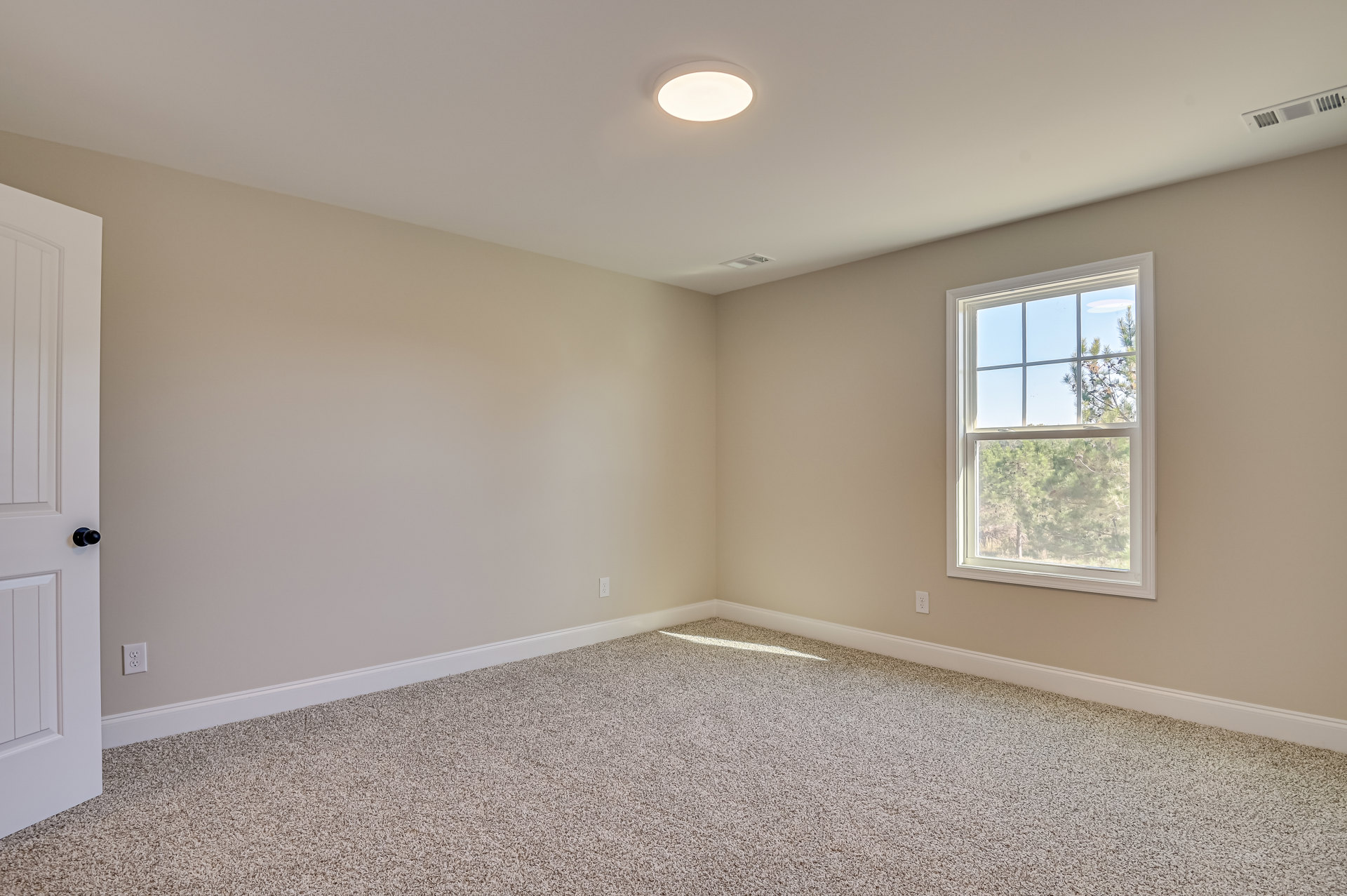Carpeted bedroom with white walls, large window overlooking trees, ceiling light fixture, and paneled door with metal knob