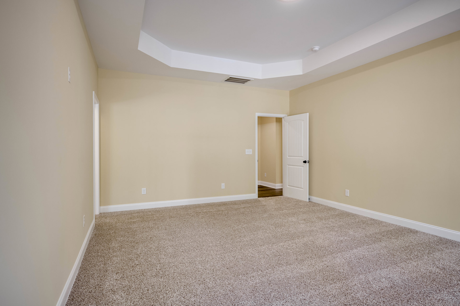 White paneled door with black knob open to carpeted room, white walls, ceiling light fixture illuminated