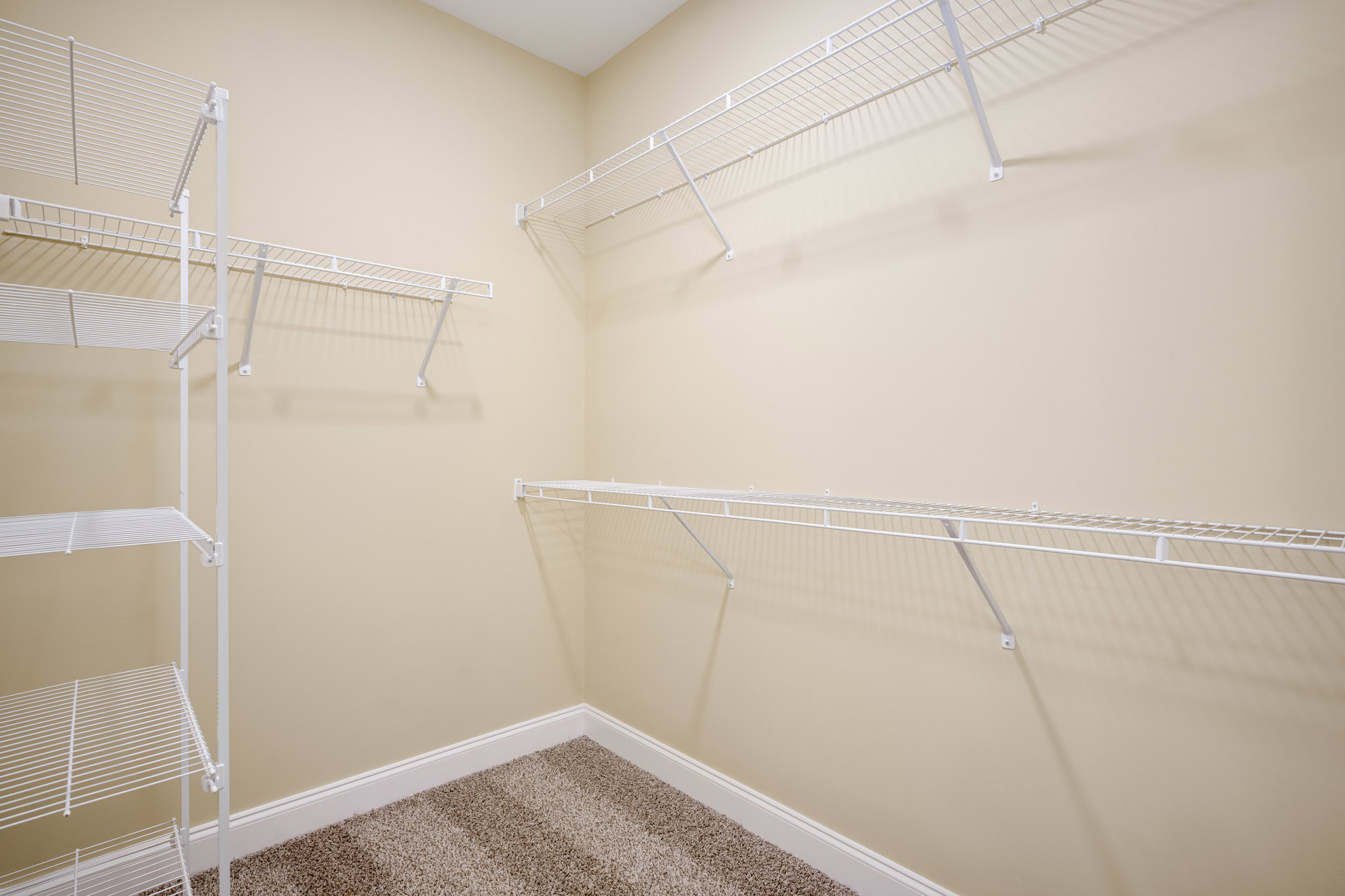 Carpeted room with white built-in shelves and a white clothes rack against a white wall