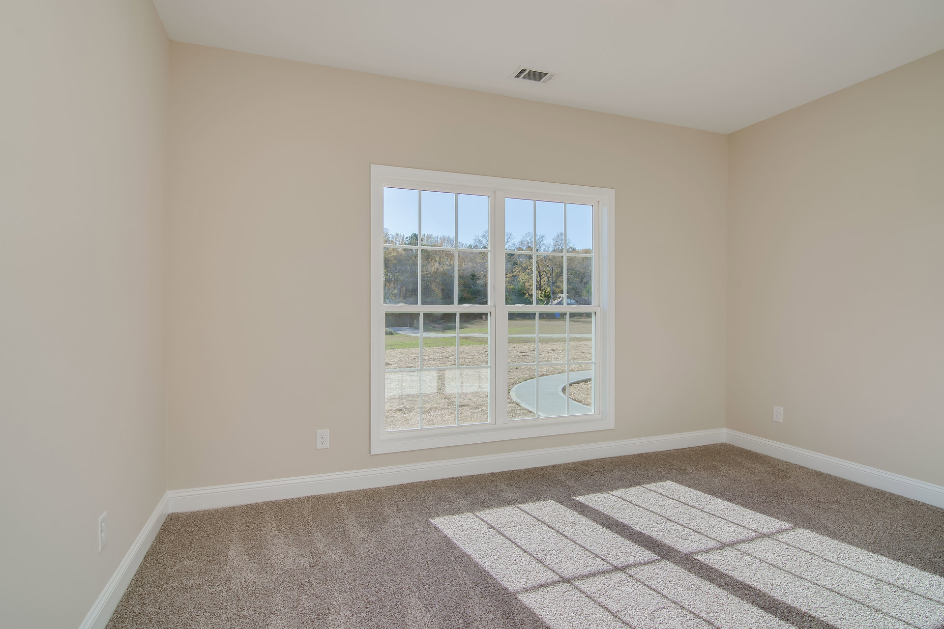 Carpeted room with large window overlooking green yard, white baseboard molding, and curved concrete walkway visible outside