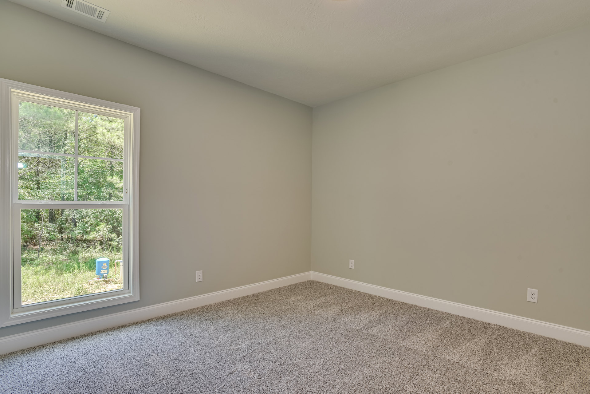 Carpeted room with large window overlooking trees, patterned white ceiling with air vent, light-colored walls and baseboard molding