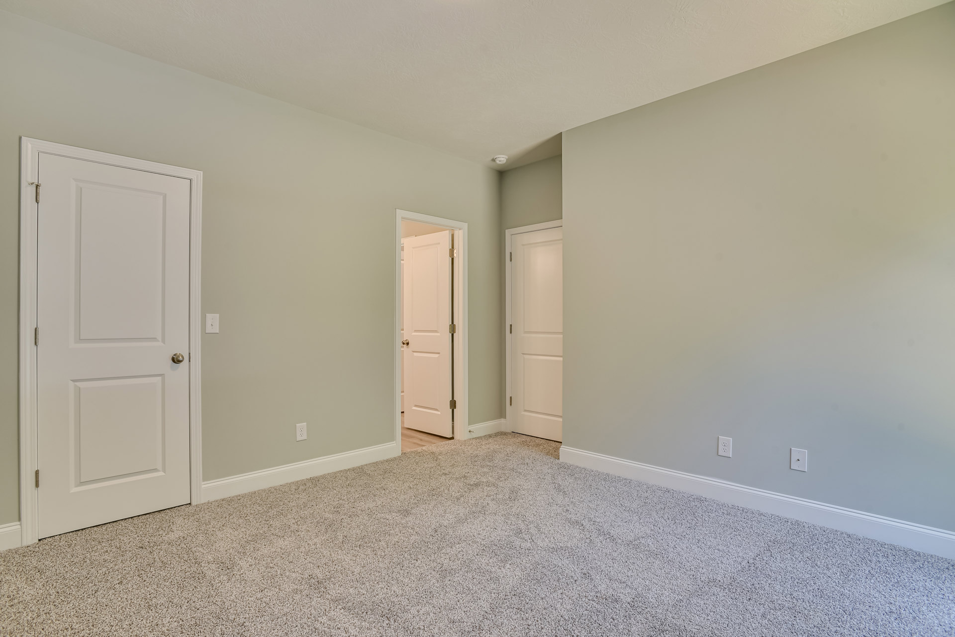 Grey carpeted room with white paneled doors, silver and gold door hardware, white walls, and smooth plaster ceiling.