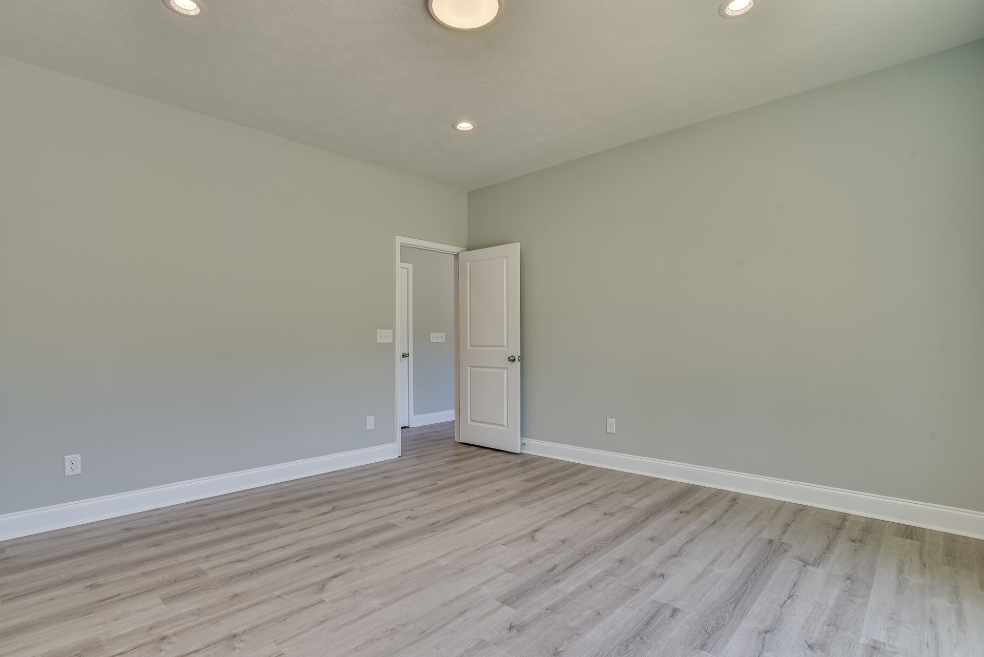 Wood floor with white trim, white door with silver knob, ceiling-mounted light fixture, light switch beside door, smooth plaster walls