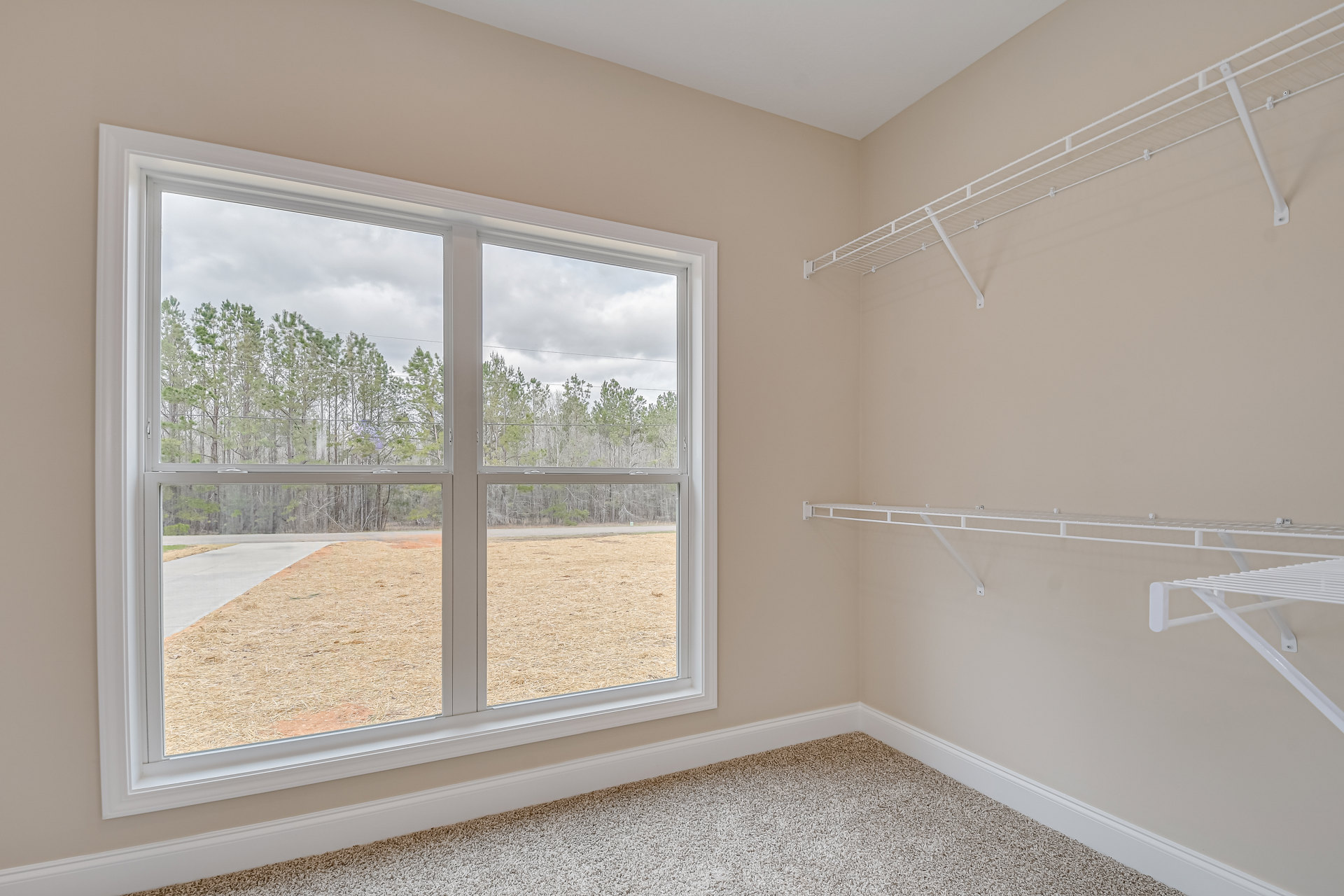 Bright room with large window overlooking grass and trees, white wall-mounted shelves, white clothes rack, light carpet flooring, and simple molding details.