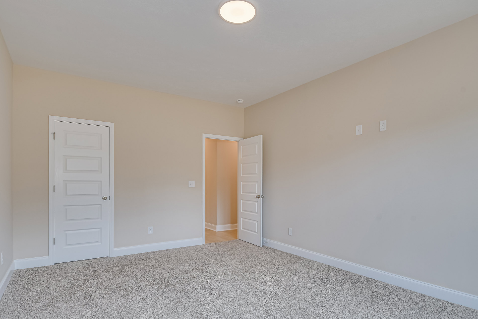White paneled door with silver handle open to carpeted room, white walls, ceiling molding, and recessed light fixture visible