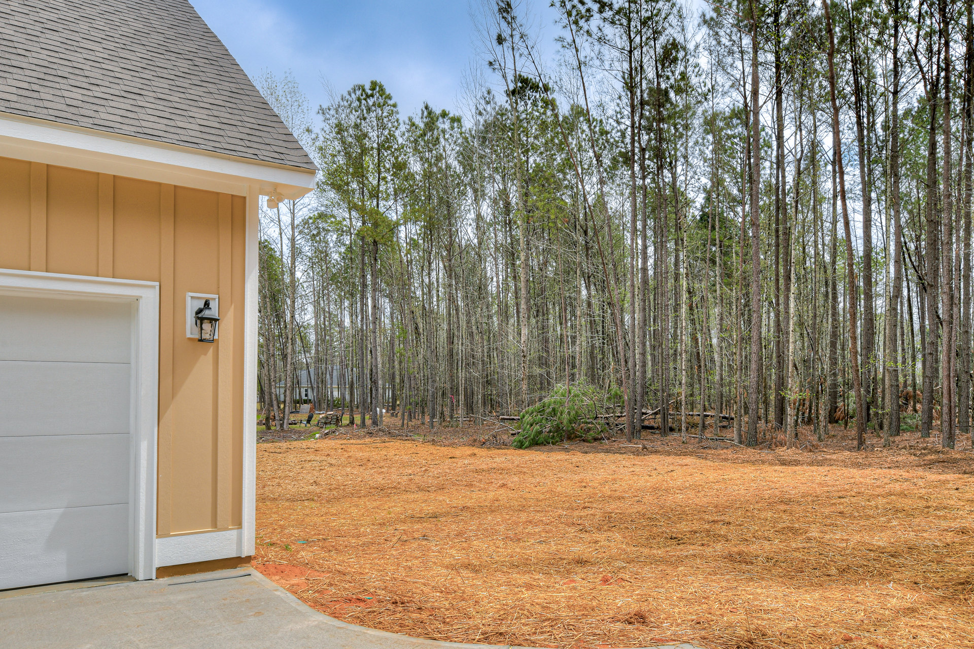 White modern house with flat roof, large windows, and exterior wall-mounted lamp; surrounded by tall green trees and landscaped grass lawn.