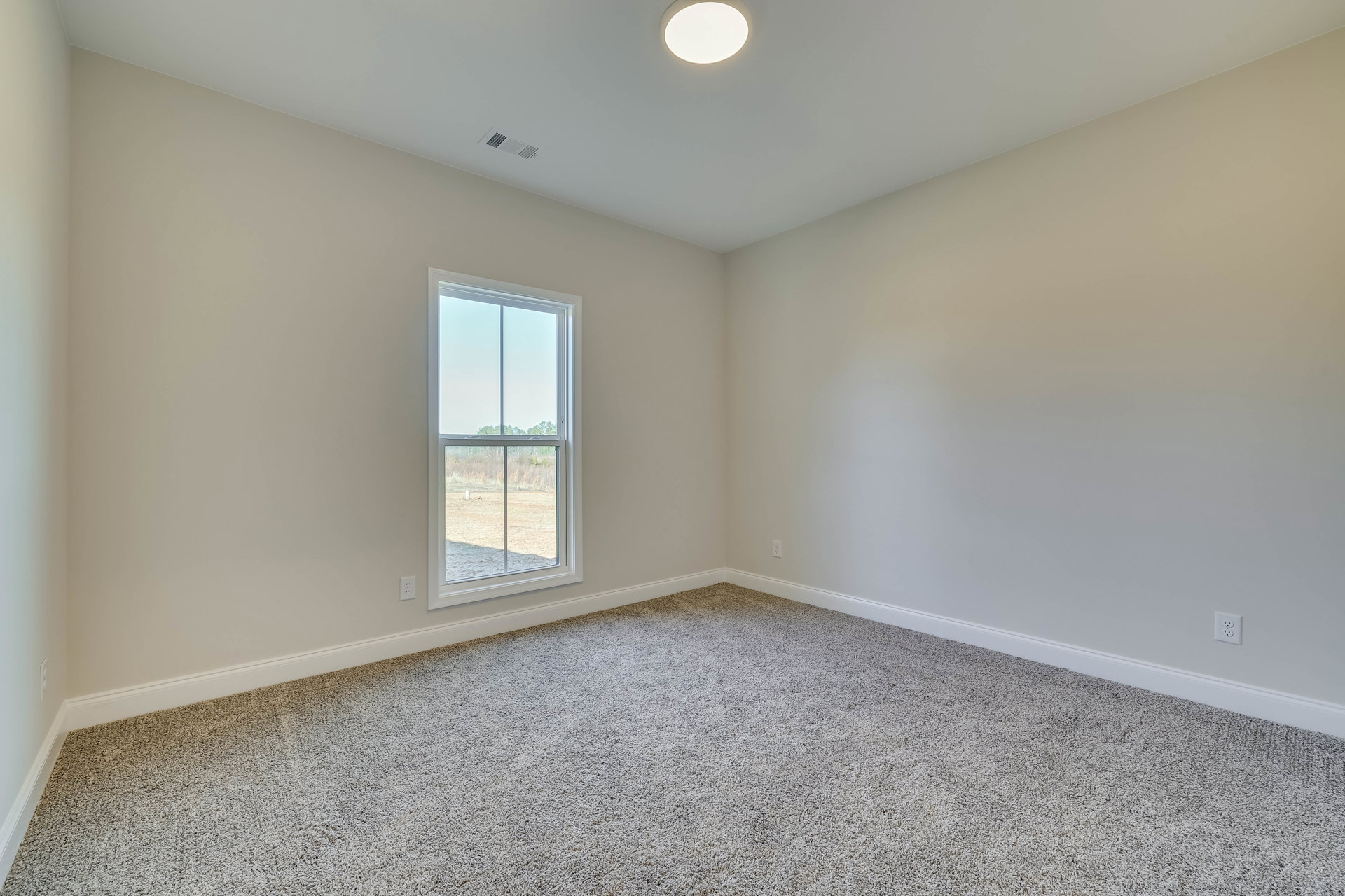 Carpeted bedroom with white walls, ceiling light fixture, large window overlooking grassy field