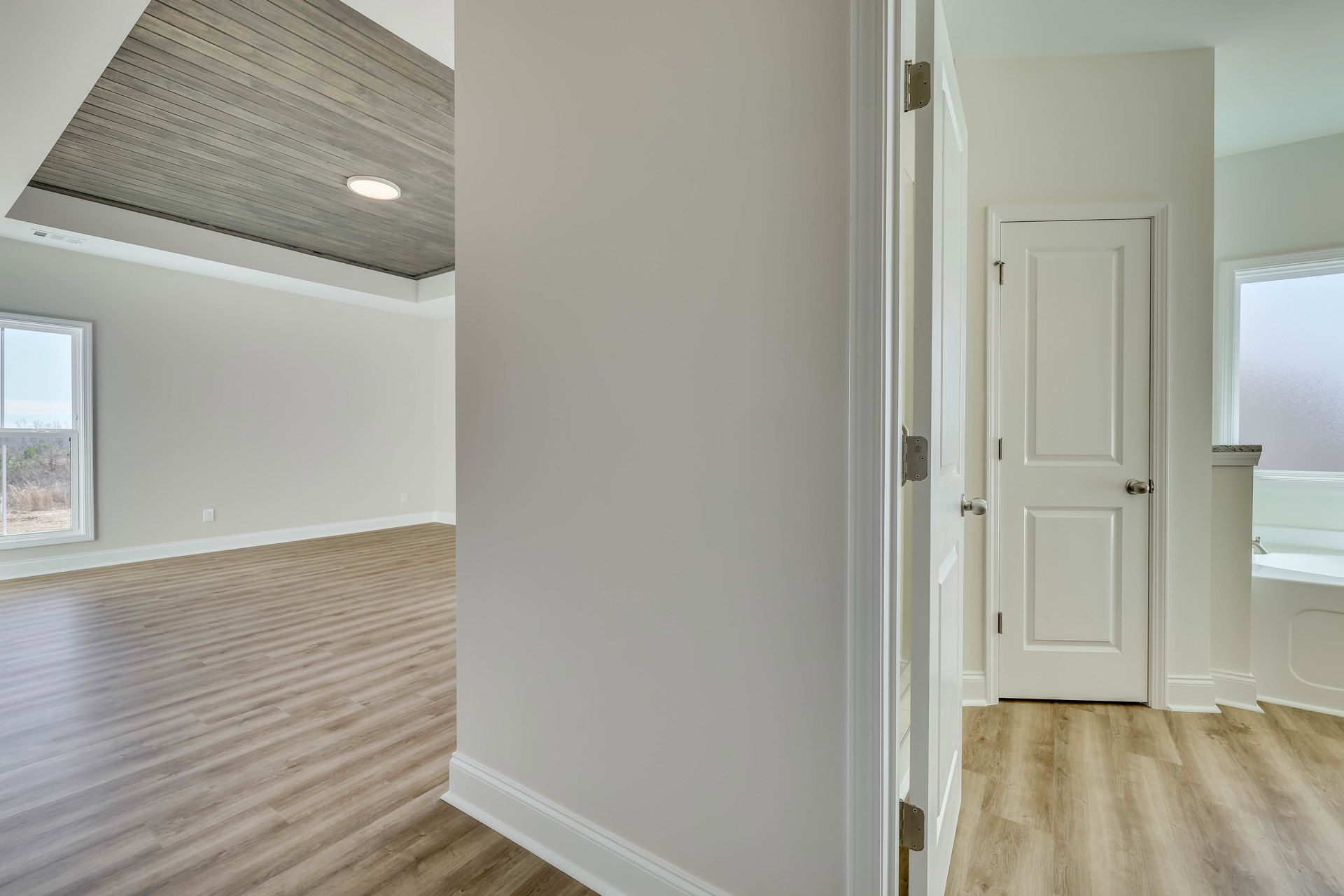 White plaster wall, white door with silver handles, window framed in white showing trees and sky, ceiling-mounted light fixture, wood laminate flooring