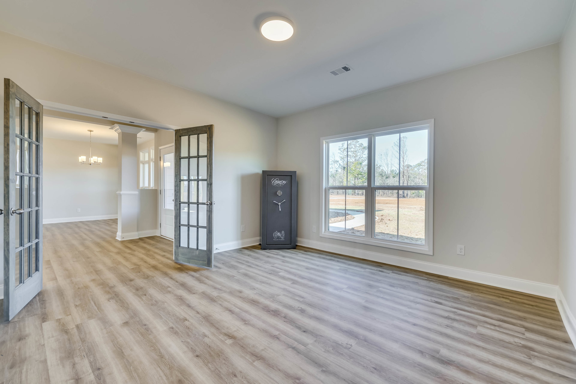 Open door with glass panes, large windows showing trees outside, laminate wood flooring, white walls, ceiling light fixture