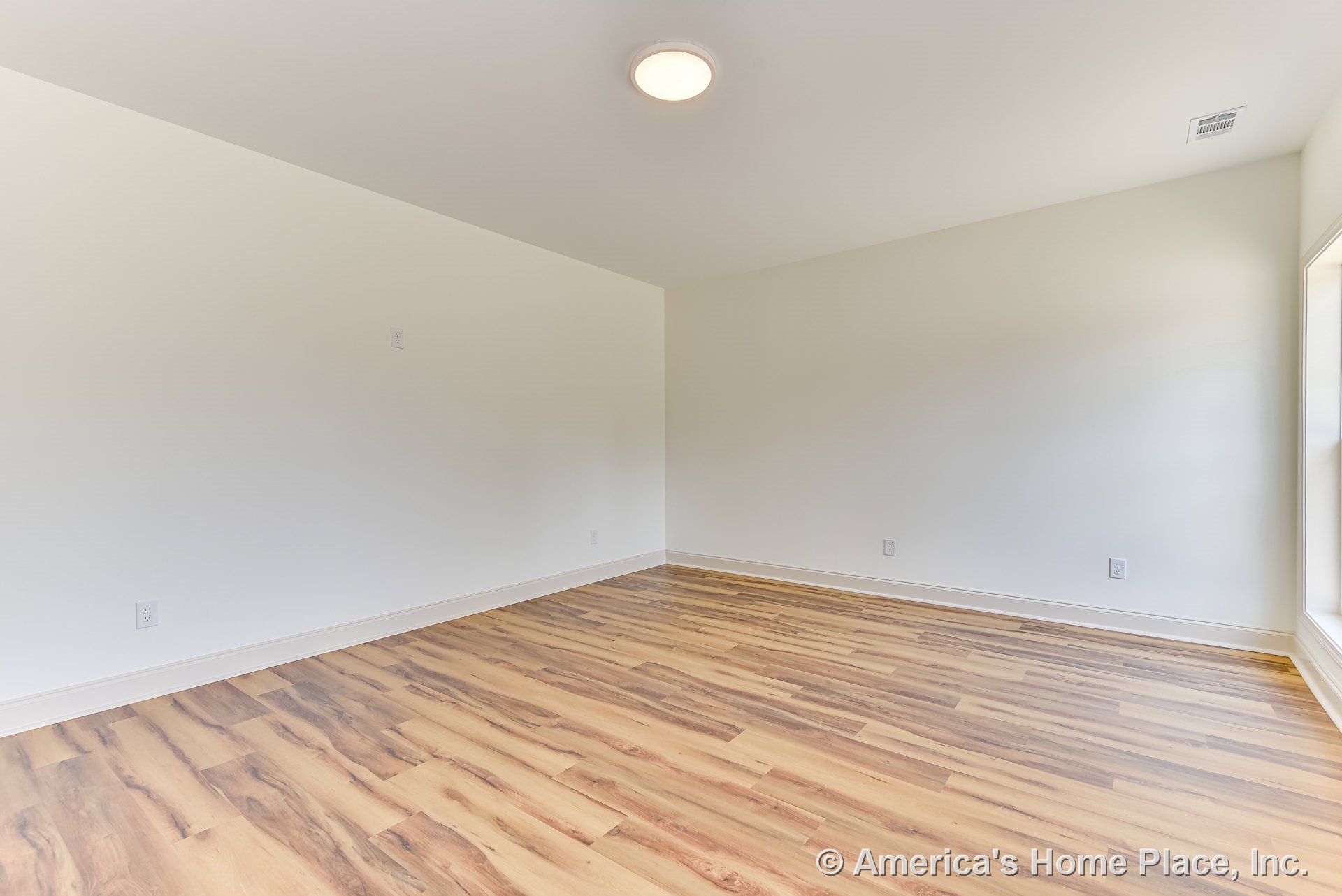Light wood-look laminate flooring, white painted walls, baseboard trim, flush mount ceiling light, large window allowing natural light, ceiling vent, modern residential finishes.
