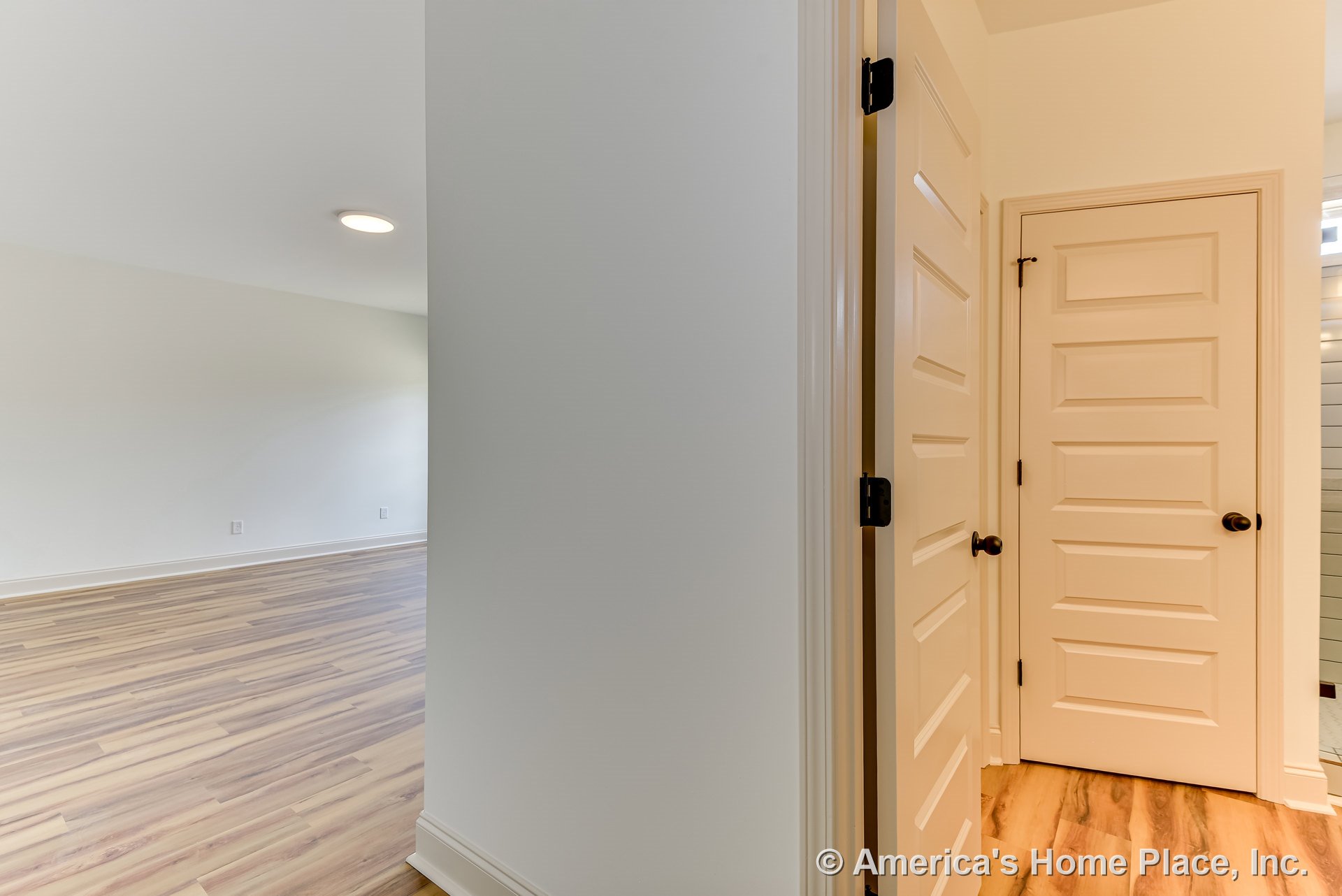 Hallway featuring two paneled doors with dark hardware, wood-look laminate flooring, white trim and baseboards, recessed ceiling light, and neutral wall paint