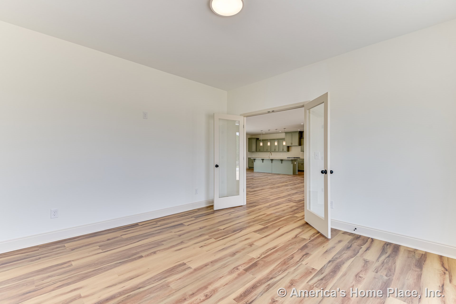 Light wood plank flooring and glass double doors lead to an open kitchen featuring green built-in cabinetry, a central island with pendant lighting, white walls and trim, and