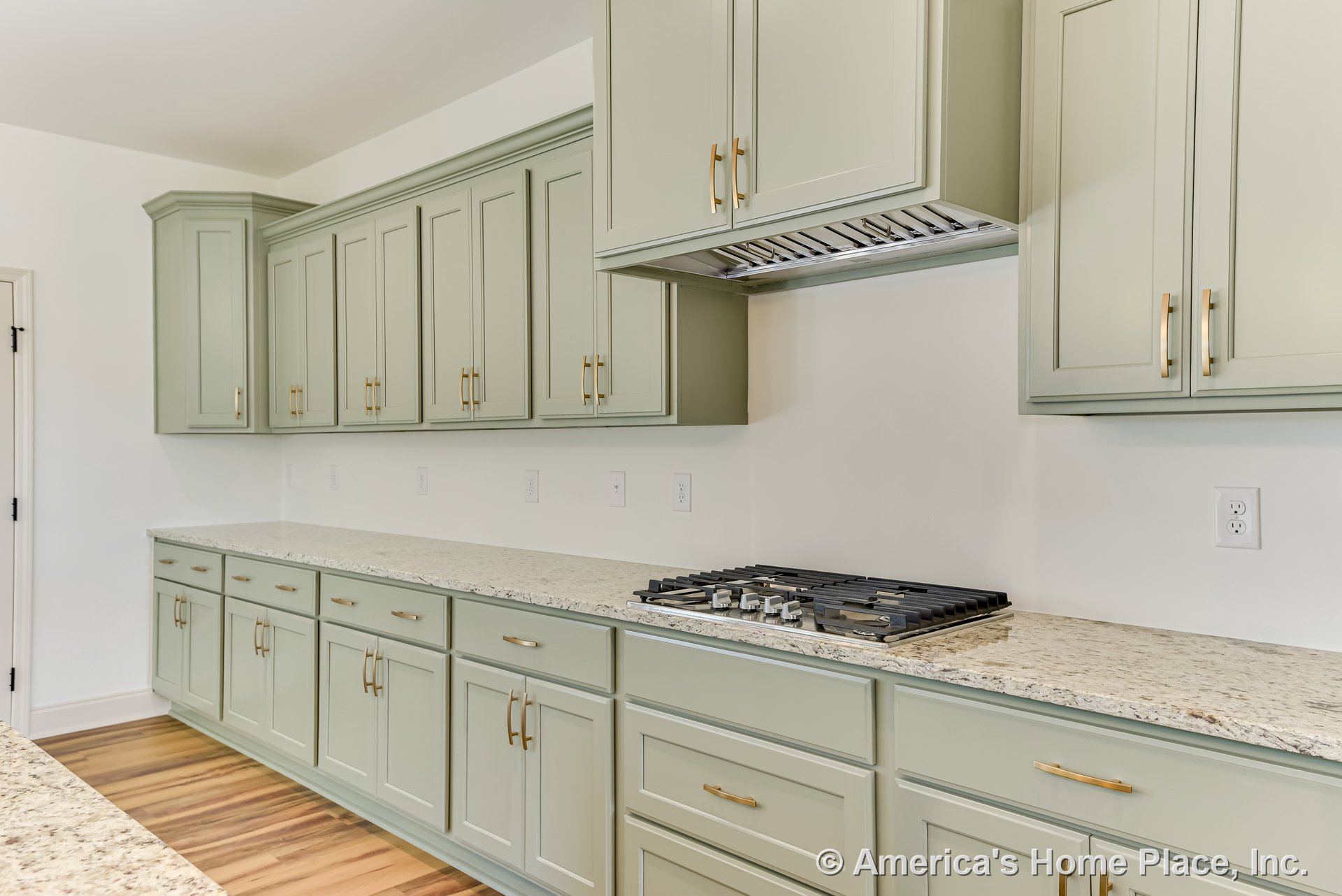 Sage green upper and lower cabinets with gold hardware, granite countertops, built-in gas cooktop, vent hood integrated into cabinetry, and wood flooring.